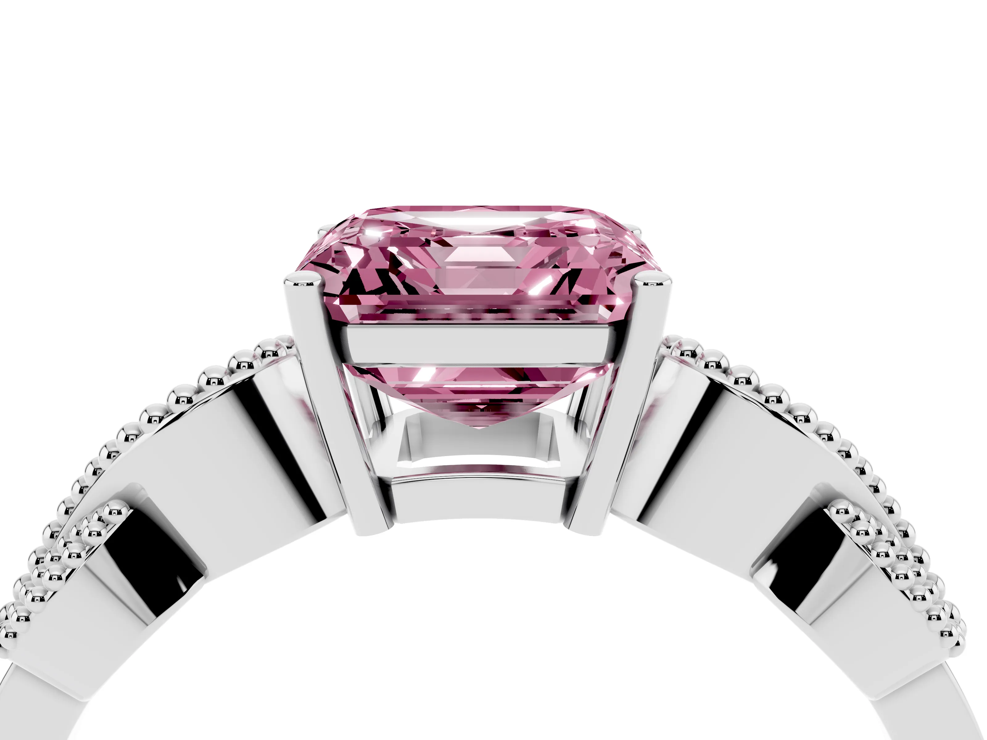 Fancy Pink Asscher Cut Diamond Milgrain Leaf Band Solitaire Ring Set in White gold with Accent Stones and Prong Setting