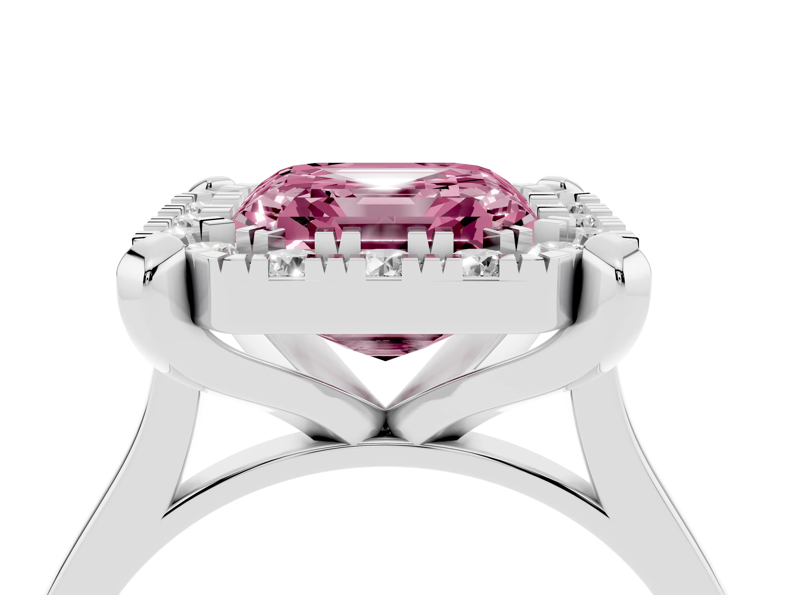 Fancy Pink Asscher Cut Diamond Cluster Halo Solitaire Ring Set in Silver with Prong Setting