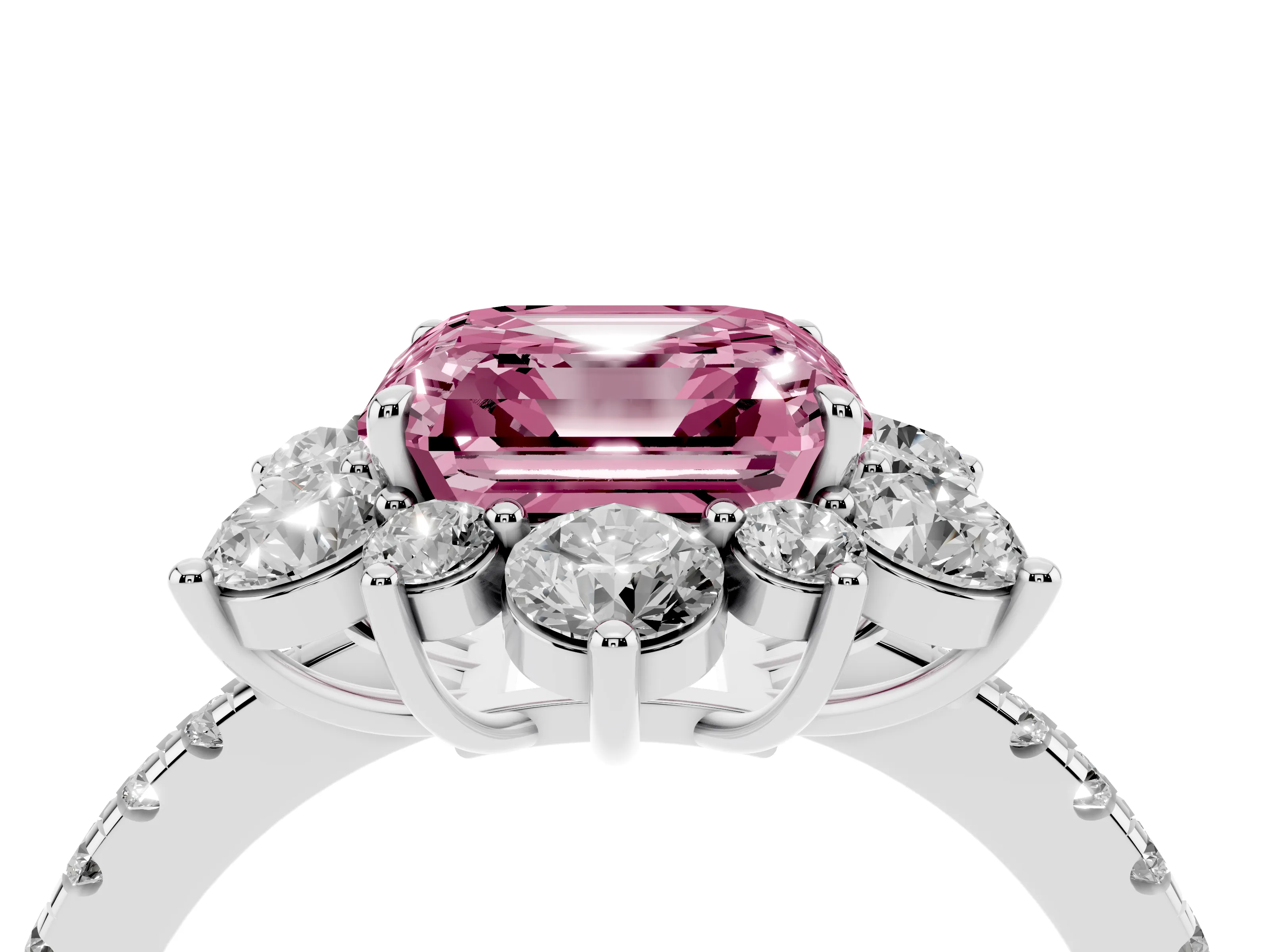 Fancy Pink Asscher Cut Diamond Floral Halo Ring Set in White gold with Round Pavé Band and Prong Setting