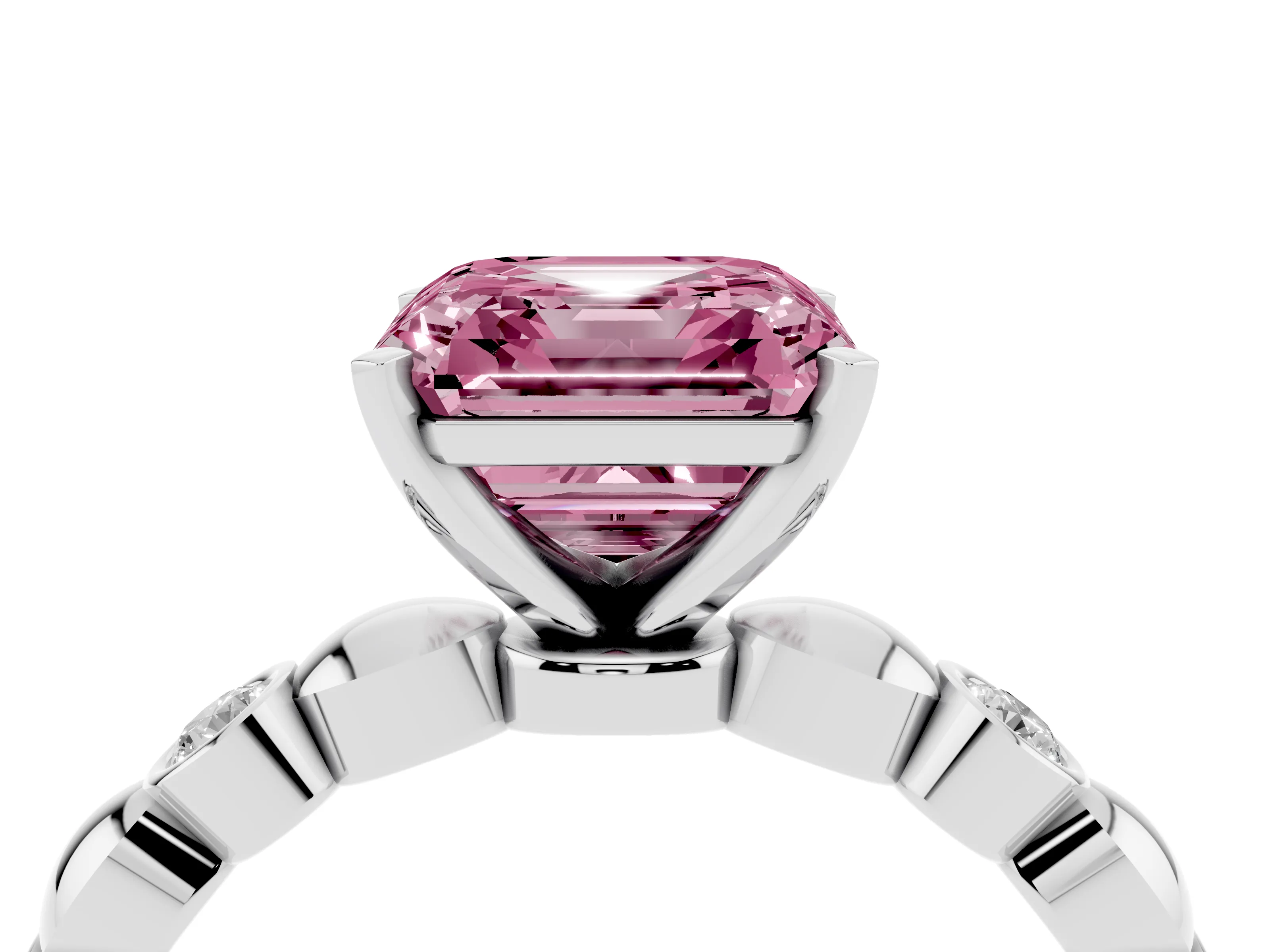 Fancy Pink Asscher Cut Diamond Solitaire Ring Set in White gold with Bezel-Set Accents on Beaded Band and Prong Setting