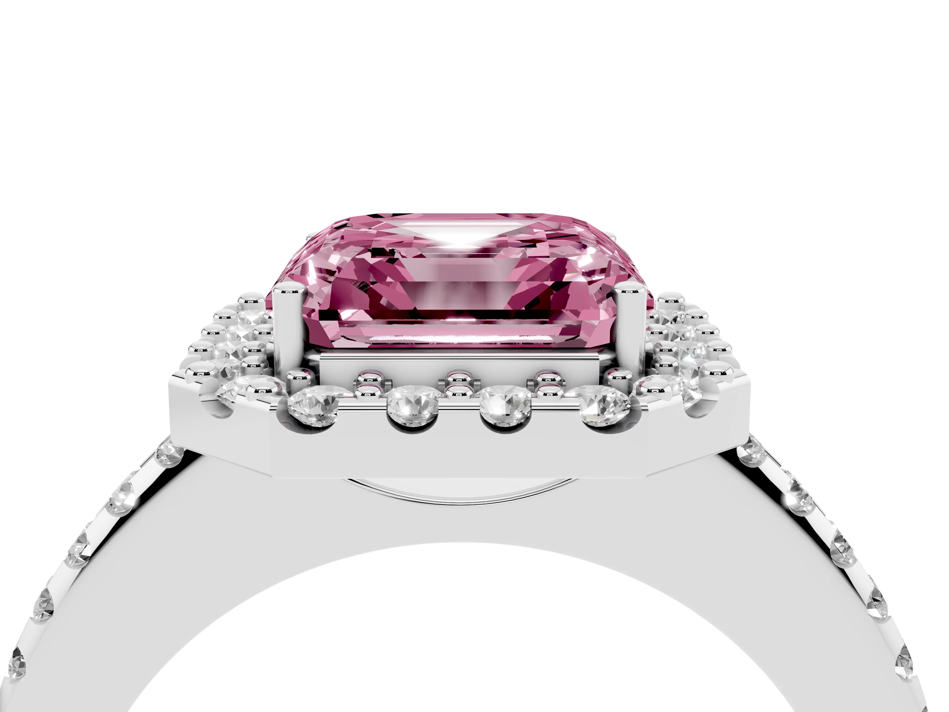 Fancy Pink Asscher Cut Diamond Pavé Halo Ring Set in Platinum with Prong Setting