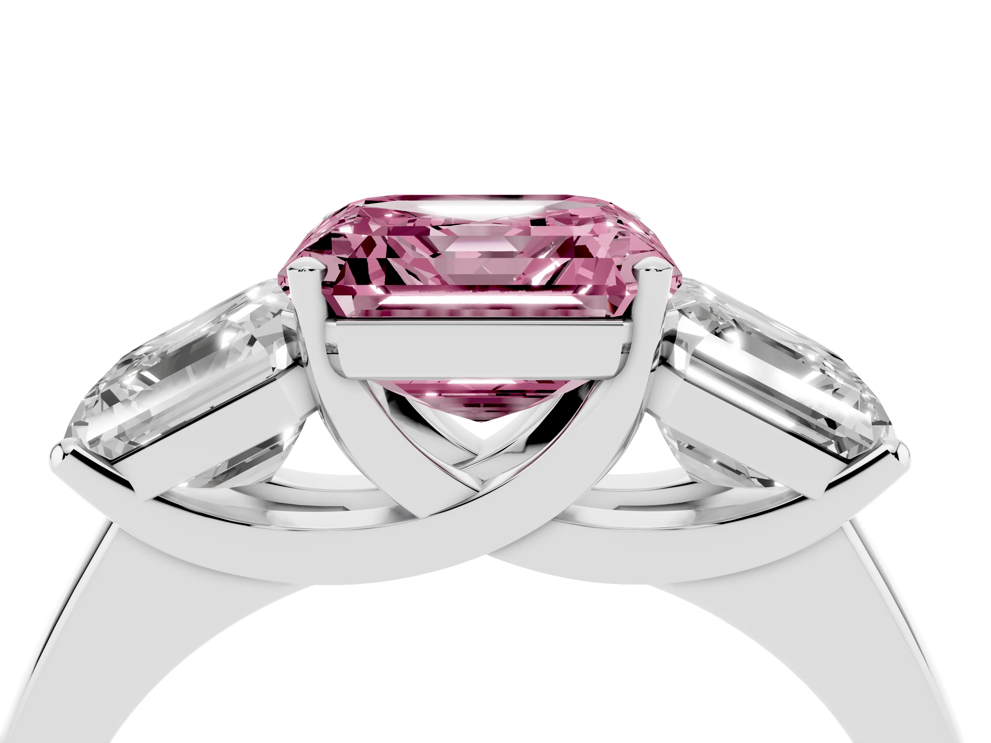 Fancy Pink Asscher Cut Diamond Three-Stone Ring Set in Platinum with Classic Prong Setting and Plain Band
