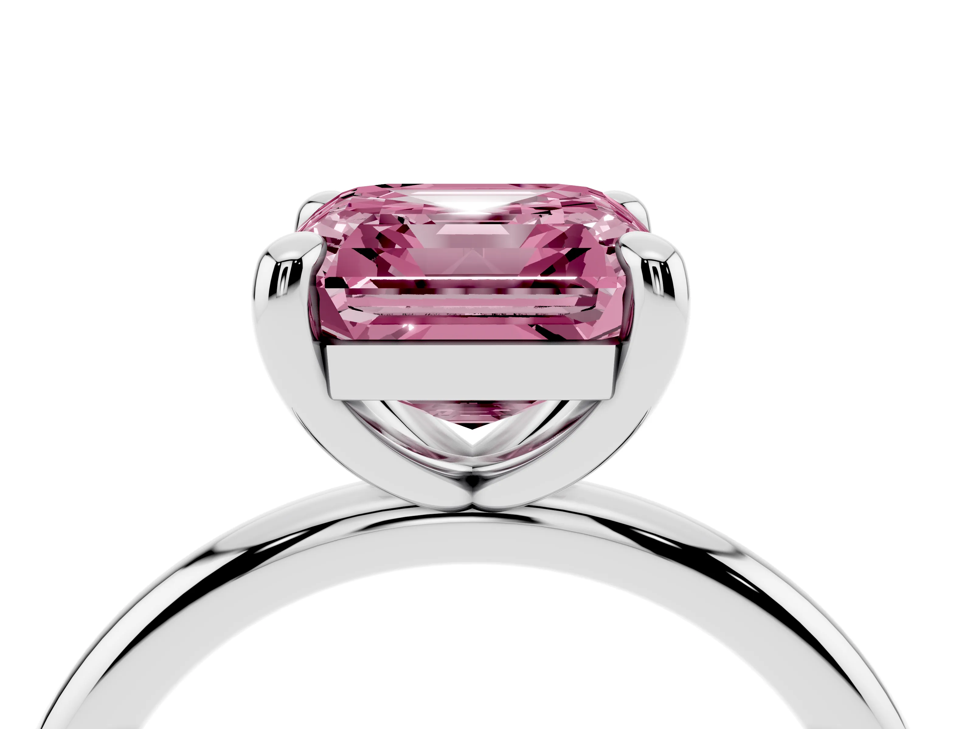 Fancy Pink Asscher Cut Diamond Solitaire Ring Set in White gold with Prong Setting on a Polished Plain Band