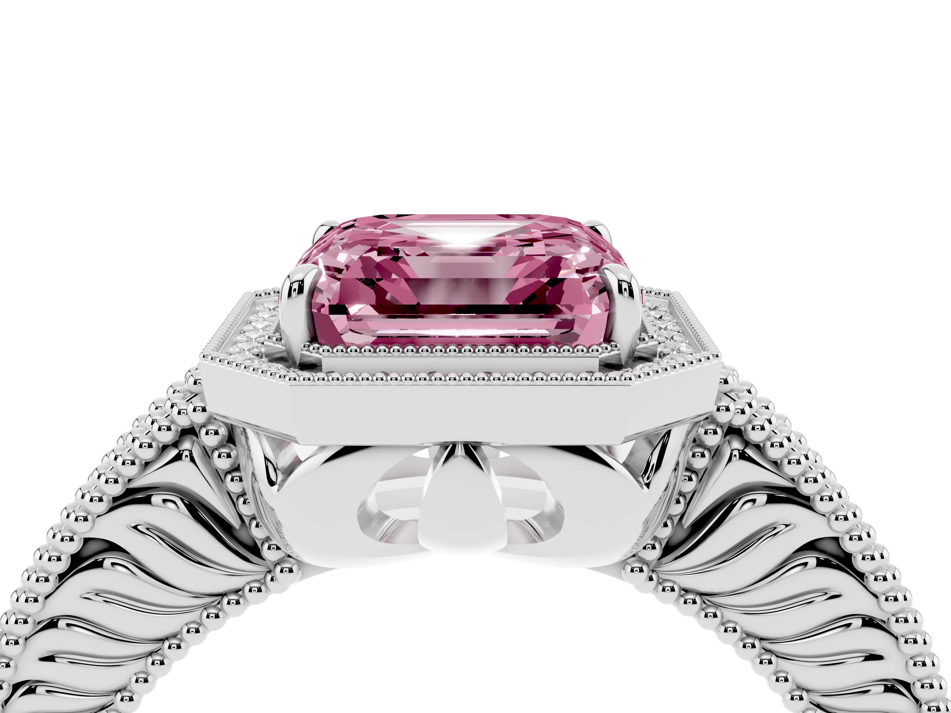 Fancy Pink Asscher Cut Diamond Halo Ring Set in Silver with Round Accent Halo, Pavé Band and Prong Setting