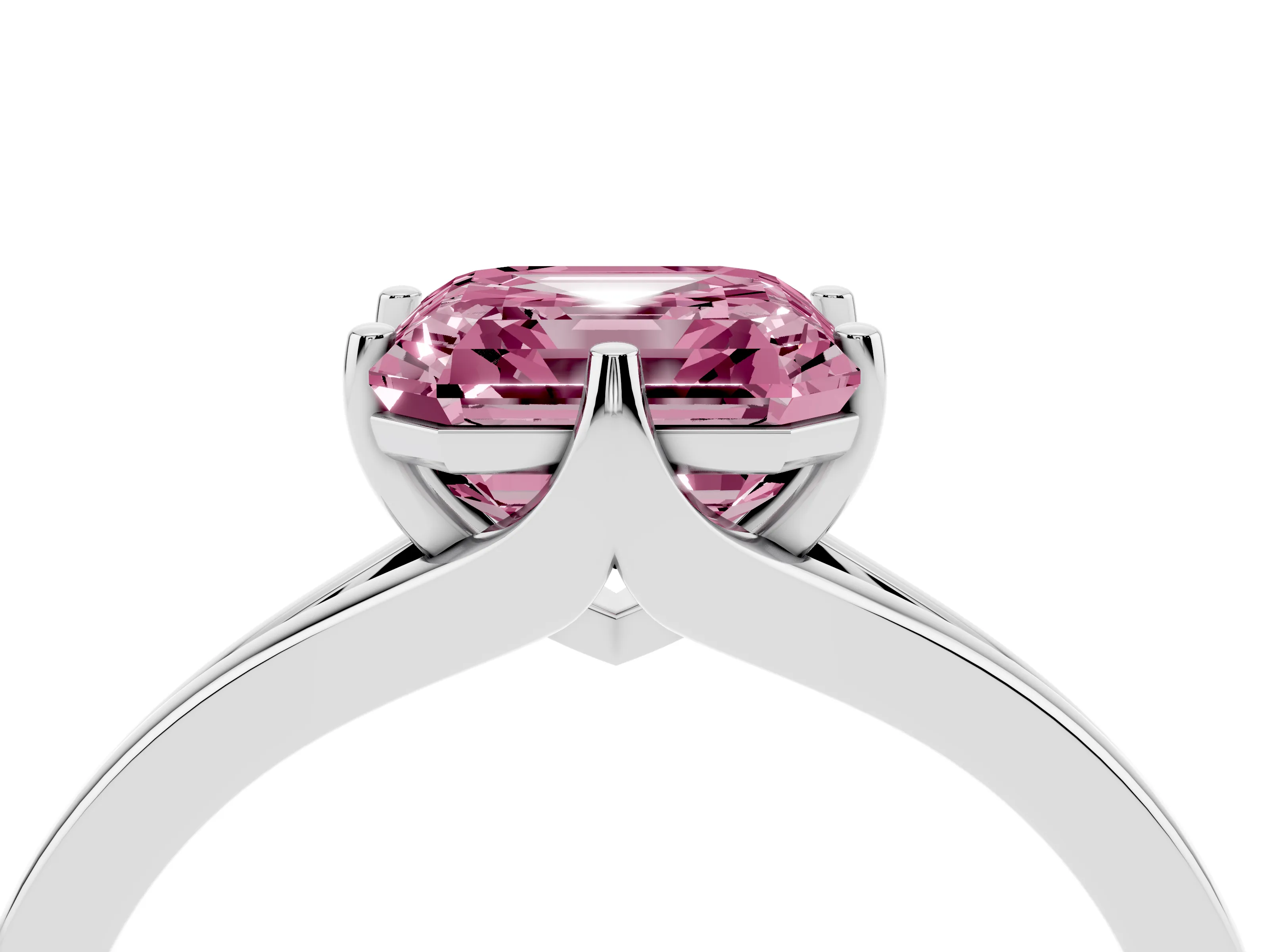 Fancy Pink Asscher Cut Diamond Solitaire Ring Set in White gold with Polished Tapered Band and Prong Setting
