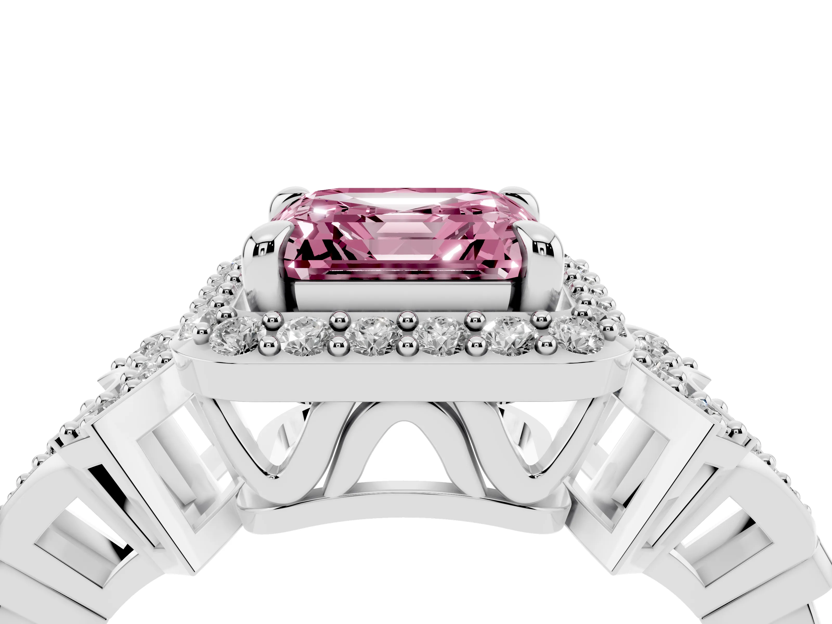 Fancy Pink Asscher Cut Diamond Halo Engagement Ring Set in Platinum with Accent Stone Split Shank
