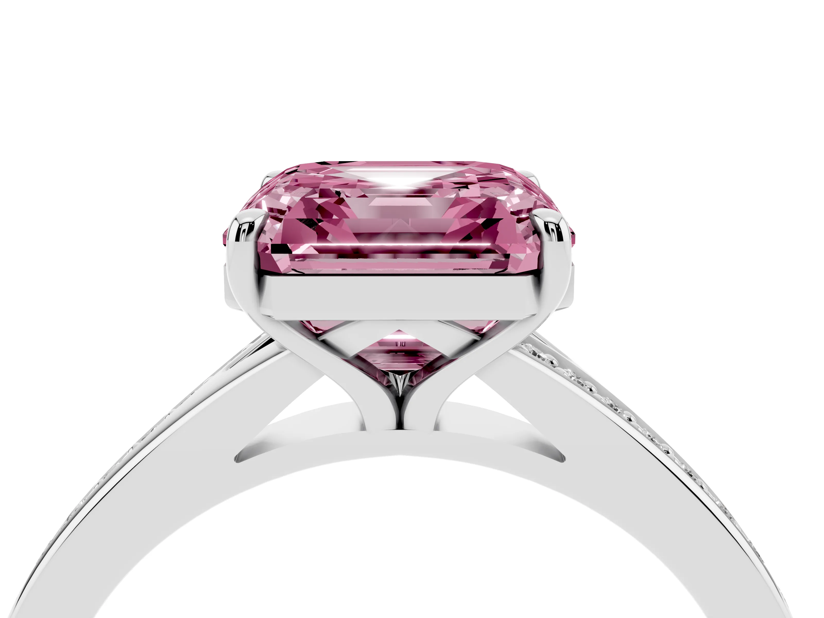 Fancy Pink Asscher Cut Diamond Solitaire Ring Set in White gold with Pavé Accent Band and Classic Prong Setting