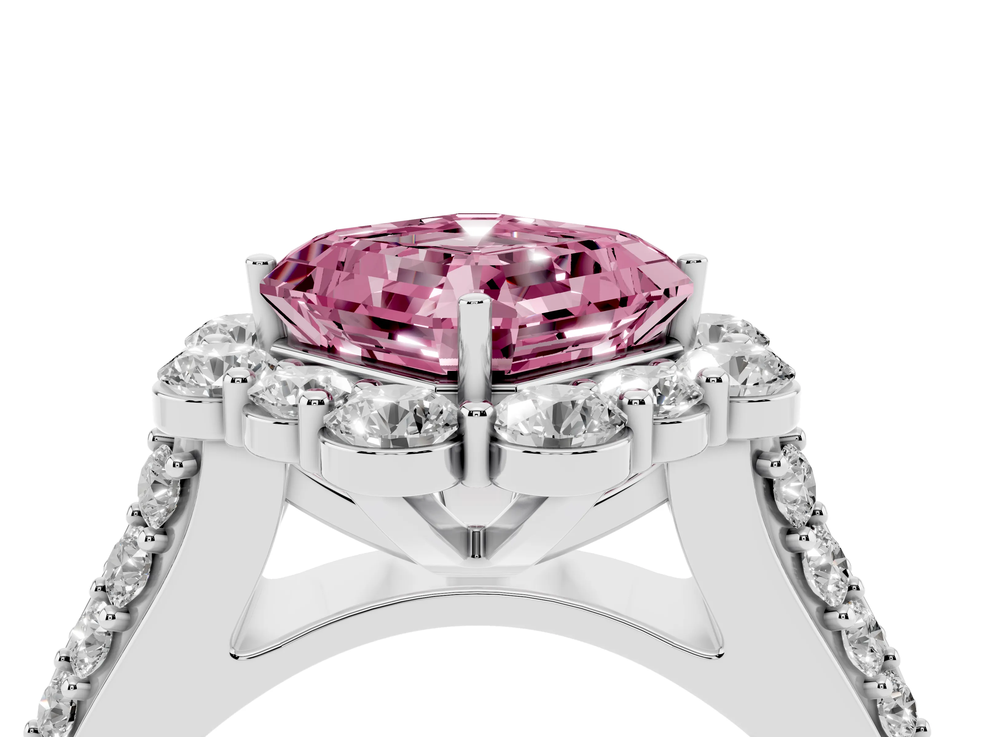 Fancy Pink Asscher Cut Diamond Halo Engagement Ring Set in White gold with Split Shank and Prong Setting