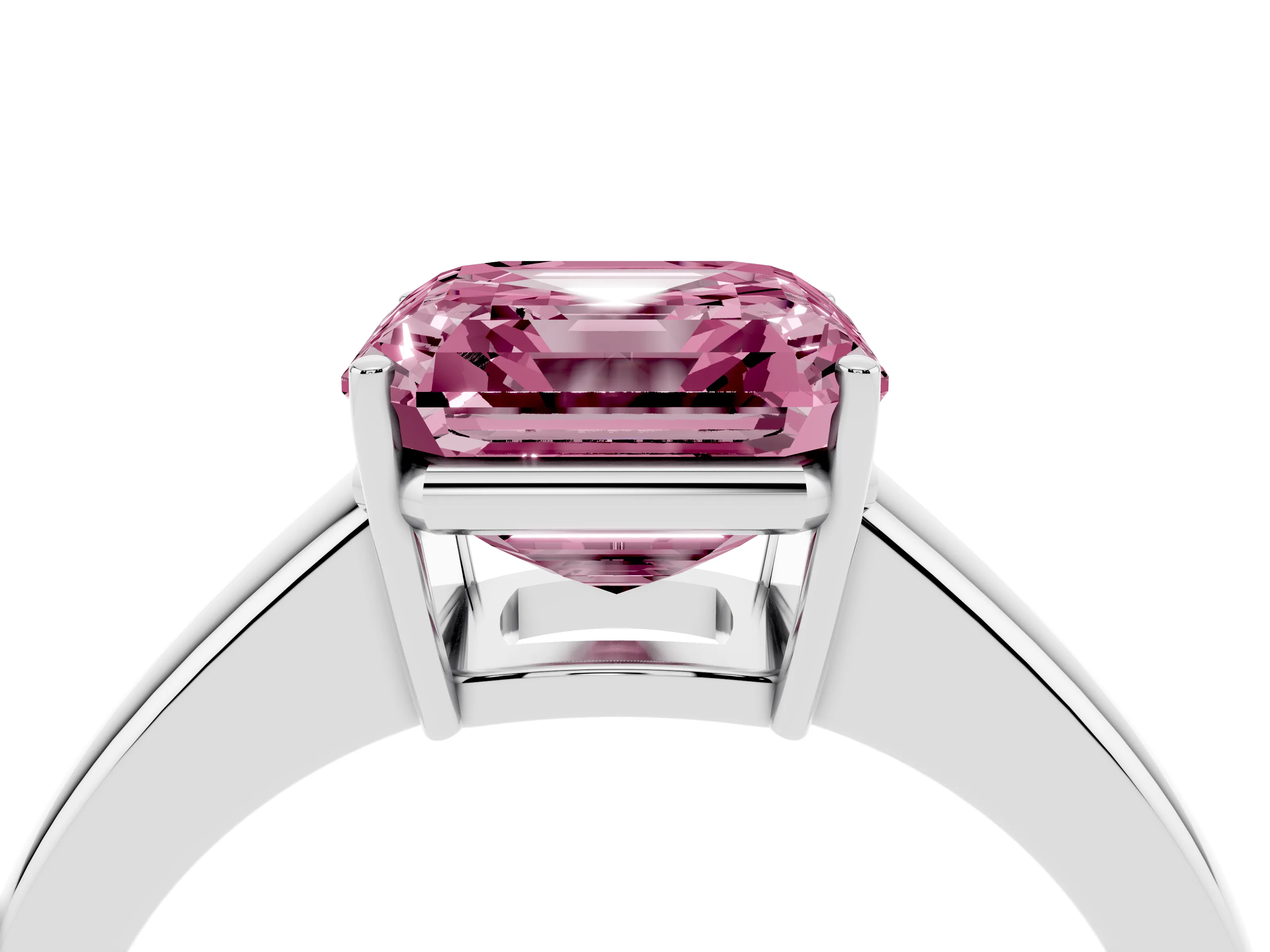 Fancy Pink Asscher Cut Diamond Solitaire Ring Set in White gold with Tapered Band and Prong Setting