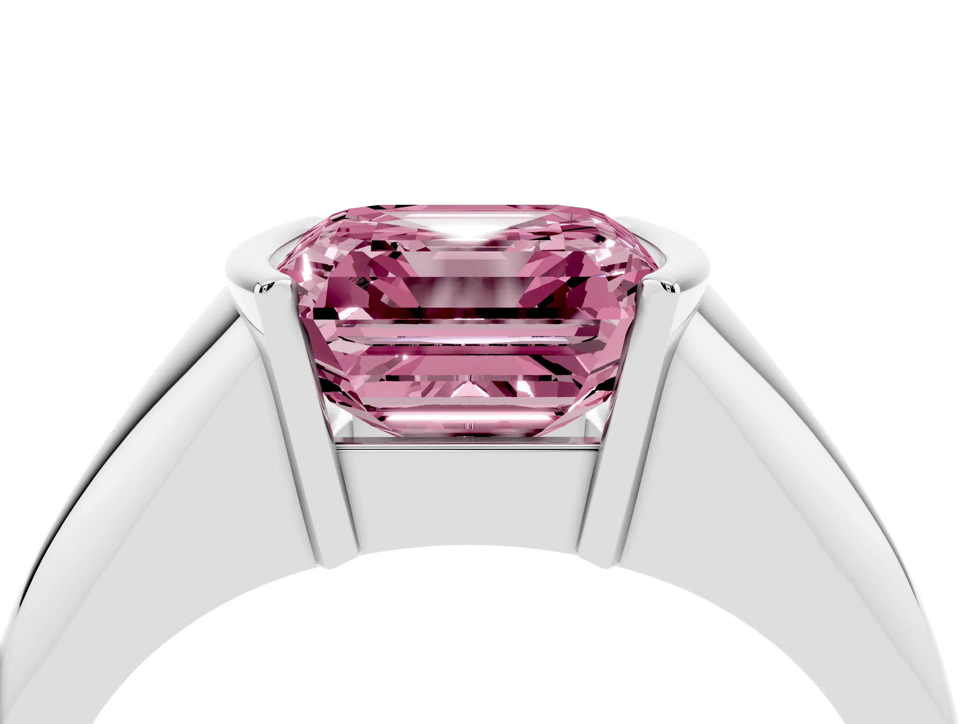 Fancy Pink Asscher Cut Diamond Solitaire Tension Set Ring Set in White gold
