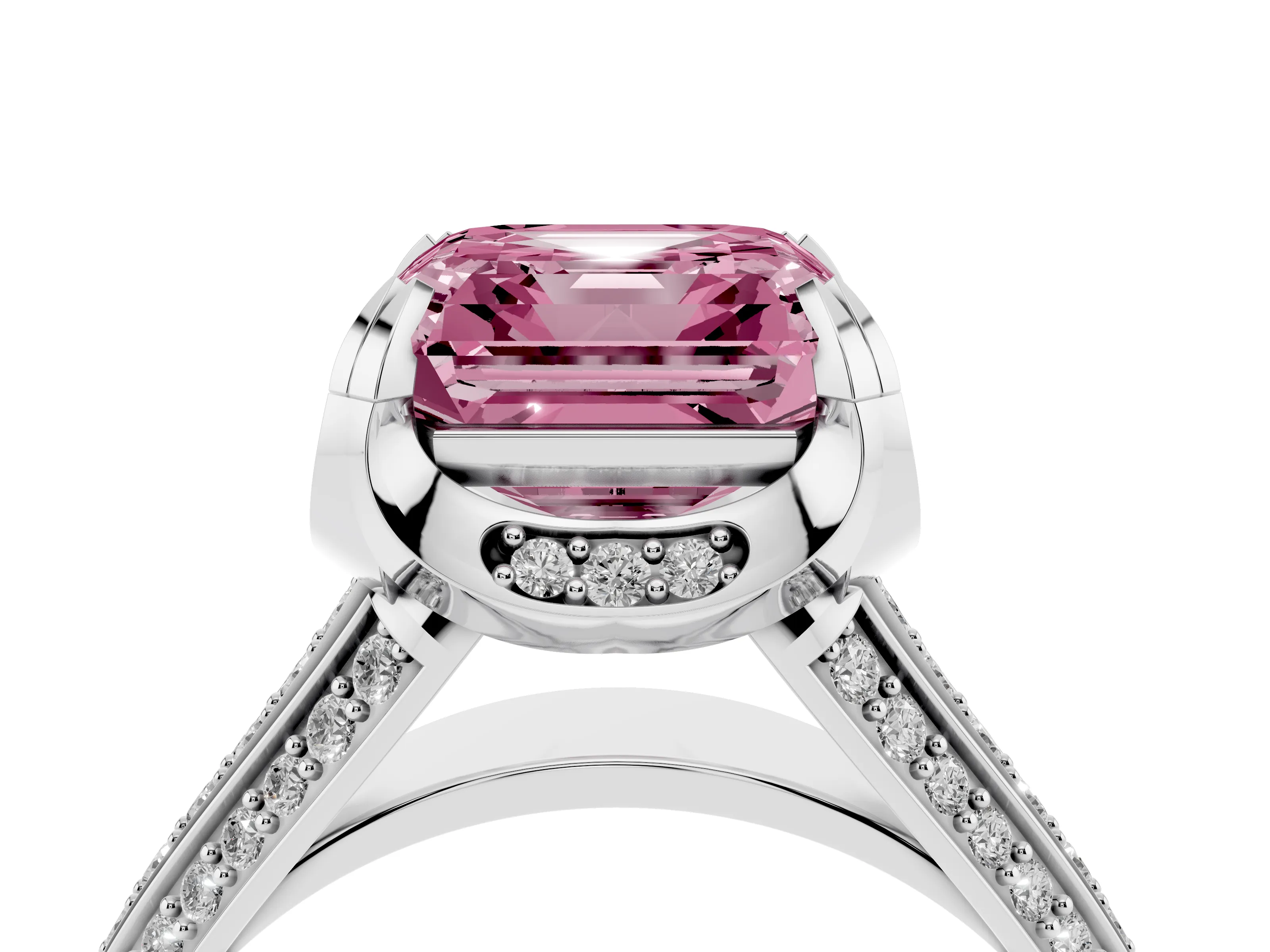 Fancy Pink Asscher Cut Diamond Pavé Split Shank Solitaire Ring Set in Platinum with Prong Setting