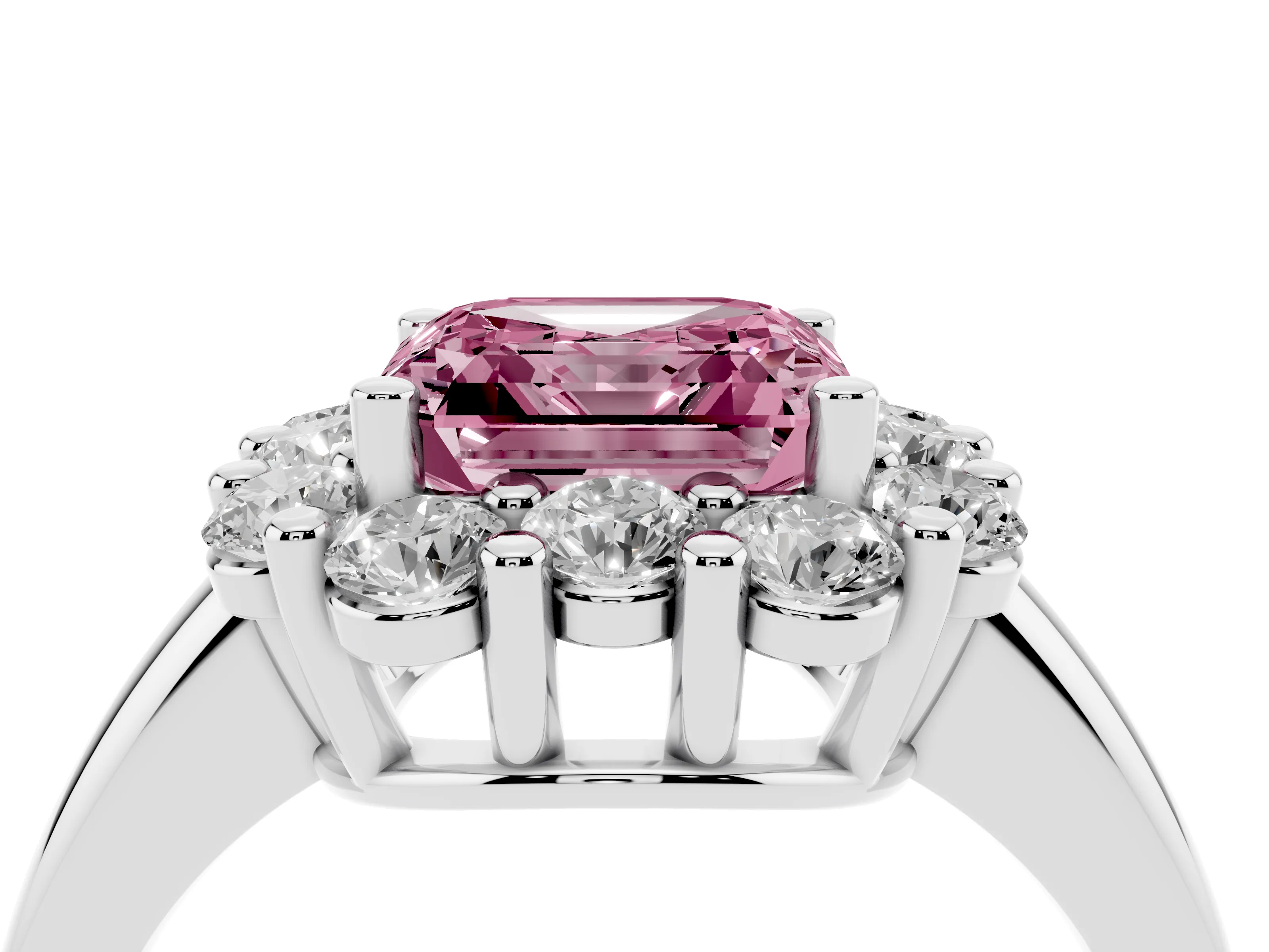 Fancy Pink Asscher Cut Diamond Halo Cluster Engagement Ring Set in White gold with Polished Band and Prong Setting