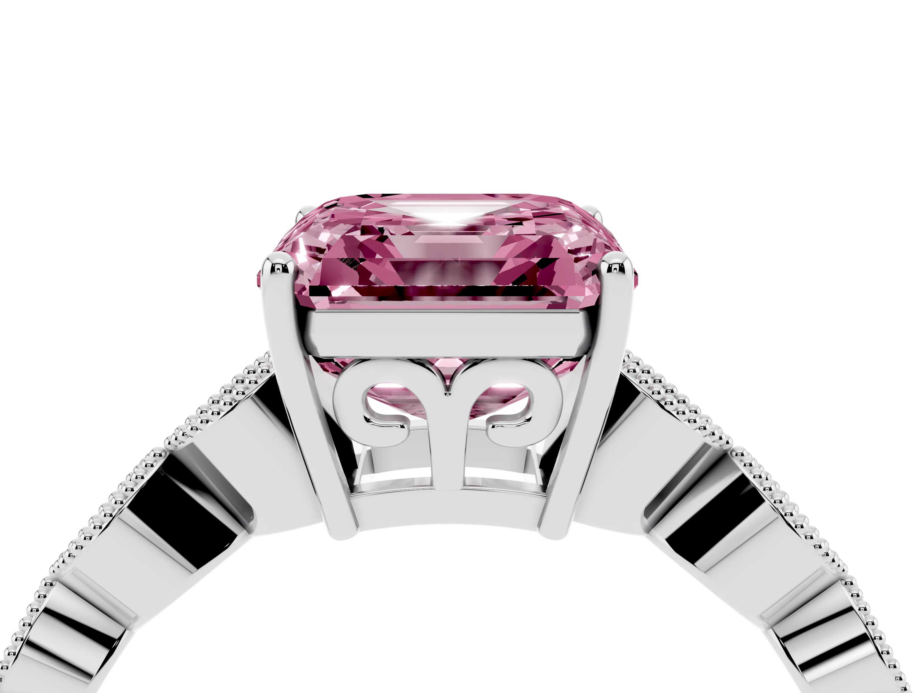 Fancy Pink Asscher Cut Diamond Solitaire Ring Set in White gold with Infinity Twist Pavé Band