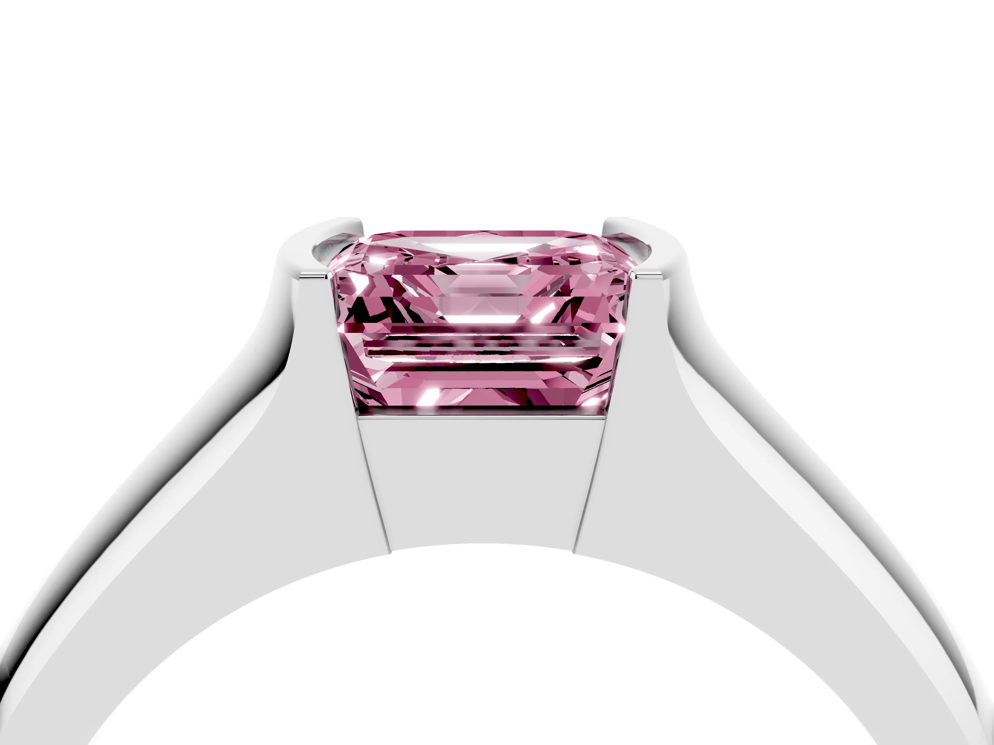 Fancy Pink Asscher Cut Diamond Bezel Solitaire Ring Set in White gold with Wide Band