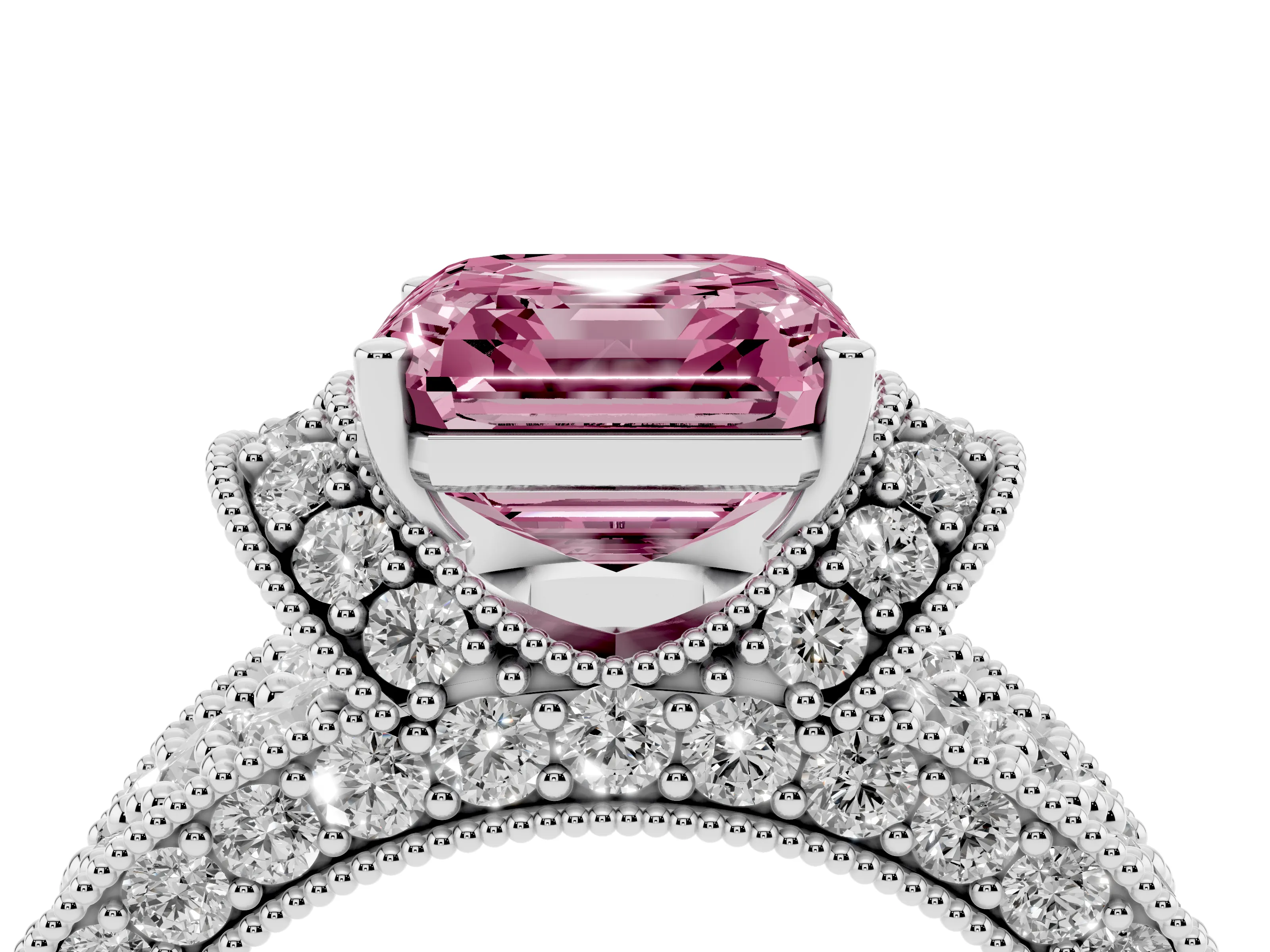 Fancy Pink Asscher Cut Diamond Milgrain Halo Pavé Engagement Ring Set in Silver with Prong Setting
