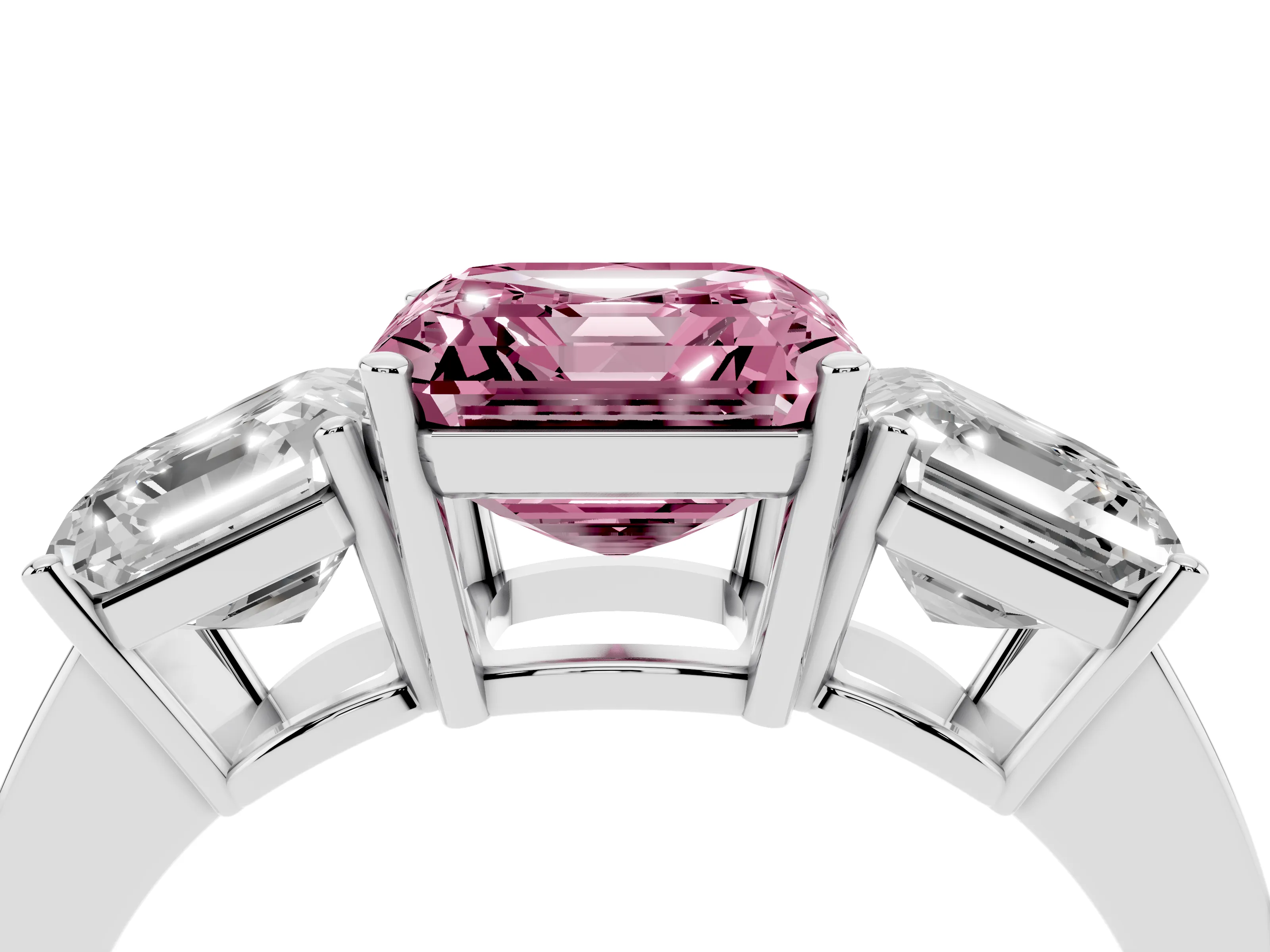 Fancy Pink Asscher Cut Diamond Three-Stone Engagement Ring Set in Platinum with Flat Band