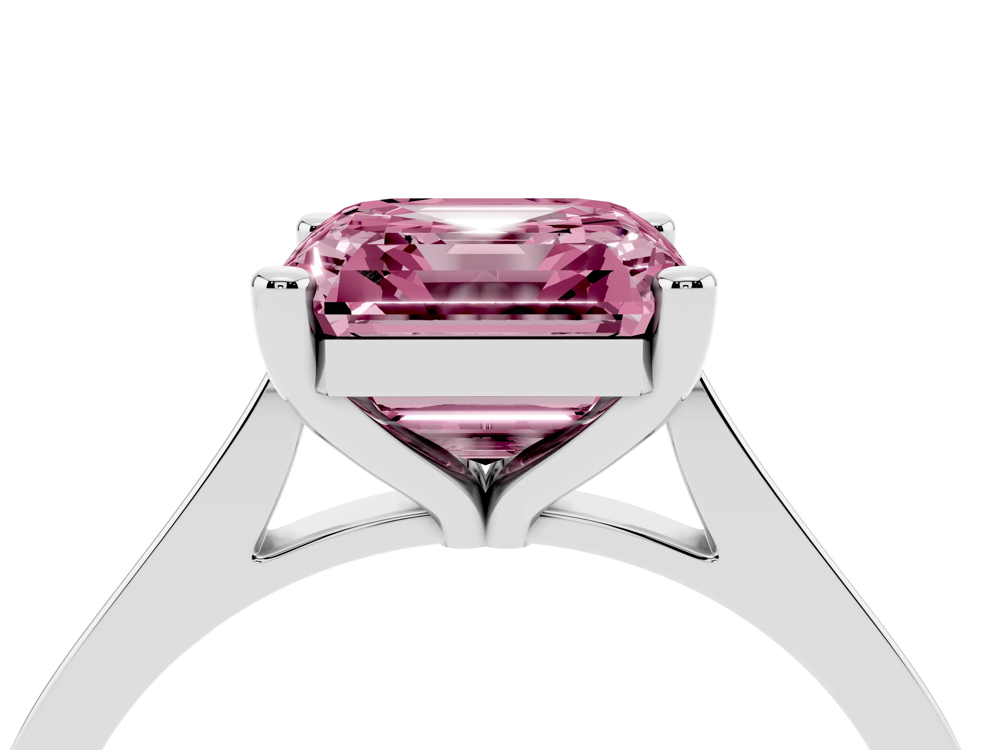 Fancy Pink Asscher Cut Diamond Solitaire Ring Set in White gold with Prong Setting and Tapered Band