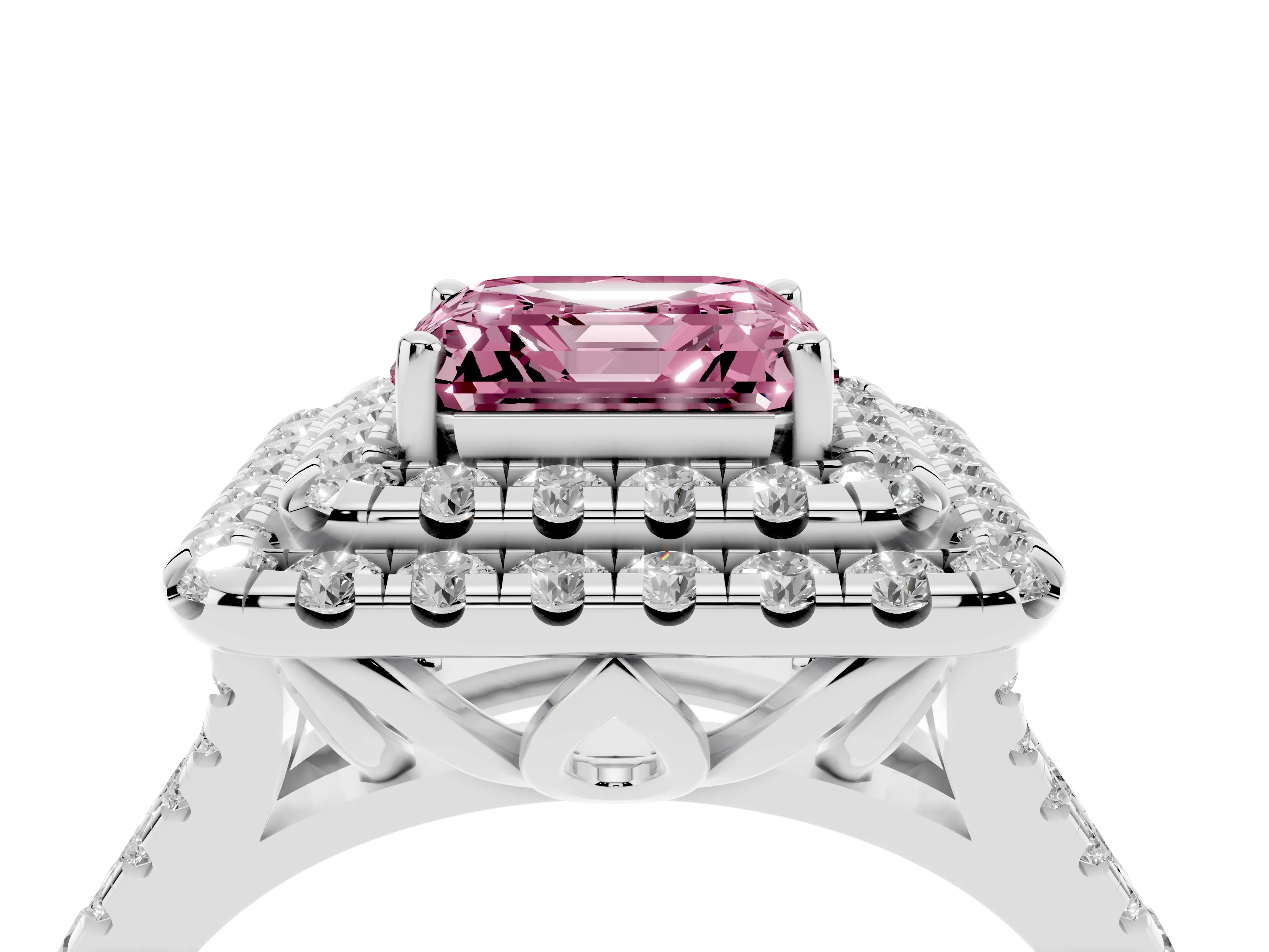 Fancy Pink Asscher Cut Diamond Double Halo Ring Set in Silver with Pavé Split Shank and Prong Setting