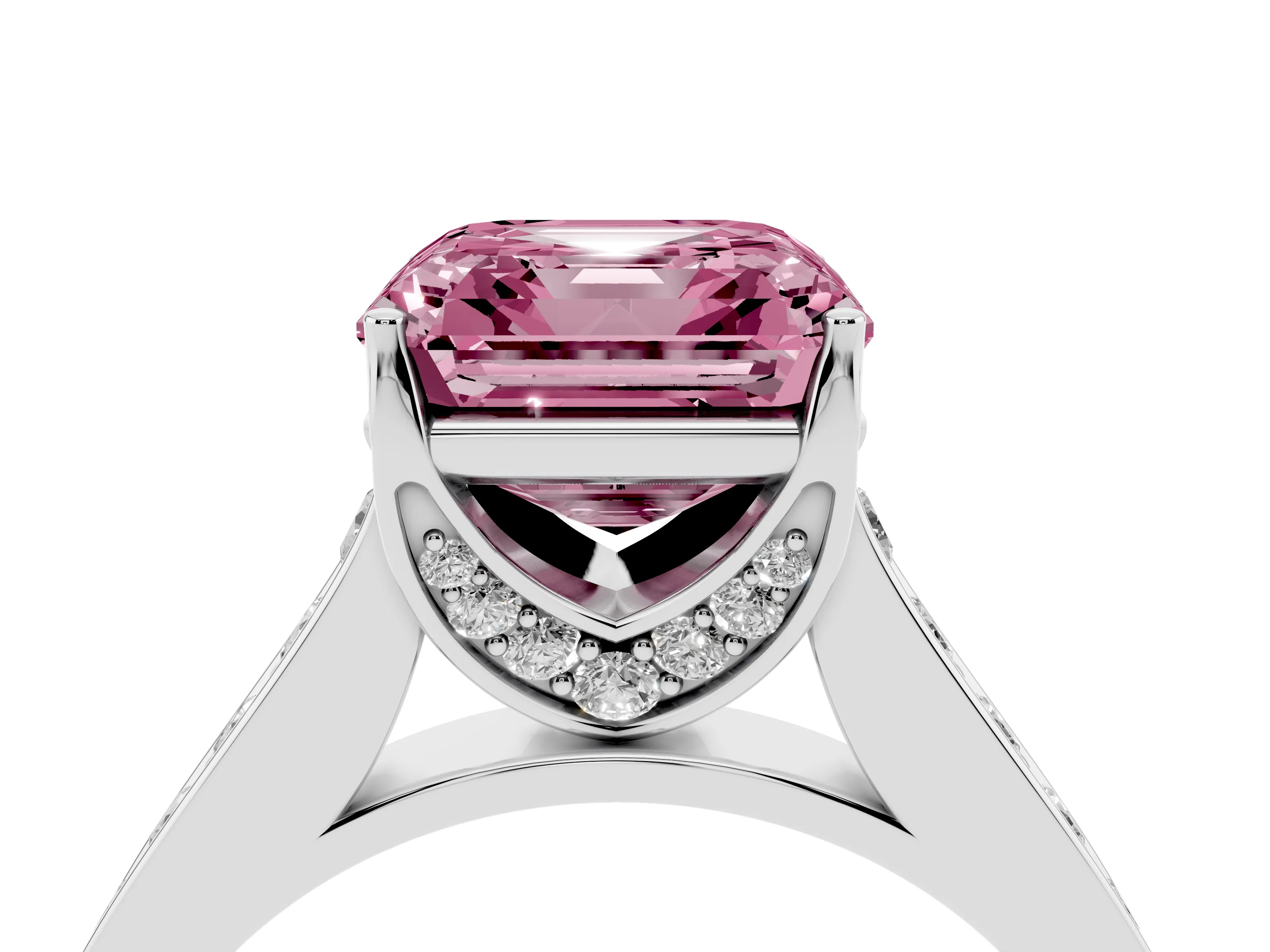 Fancy Pink Asscher Cut Diamond Solitaire Pavé Engagement Ring Set in Platinum with Prong Setting