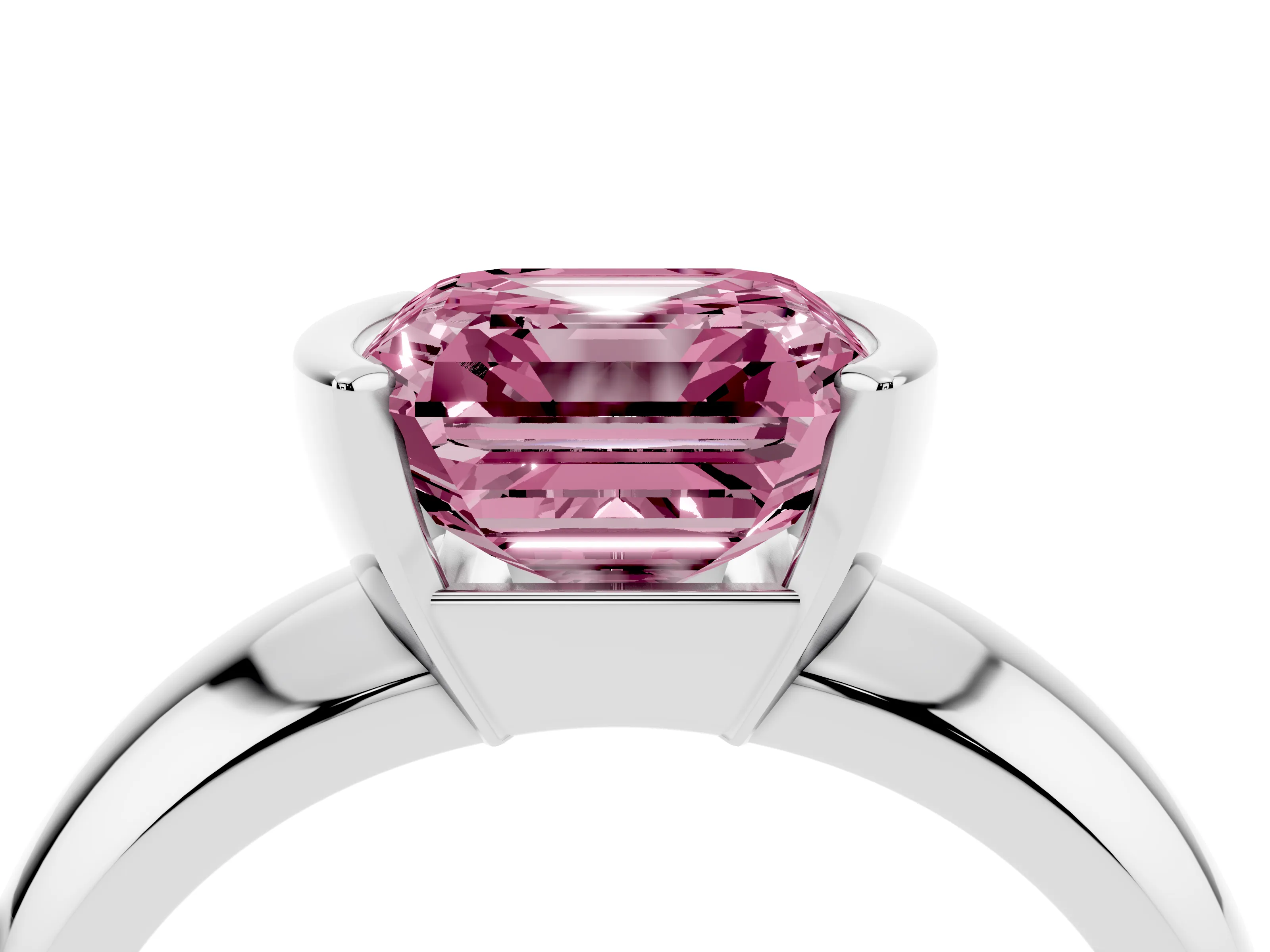 Fancy Pink Asscher Cut Diamond Solitaire Tension Set Ring Set in Silver with Wide Band