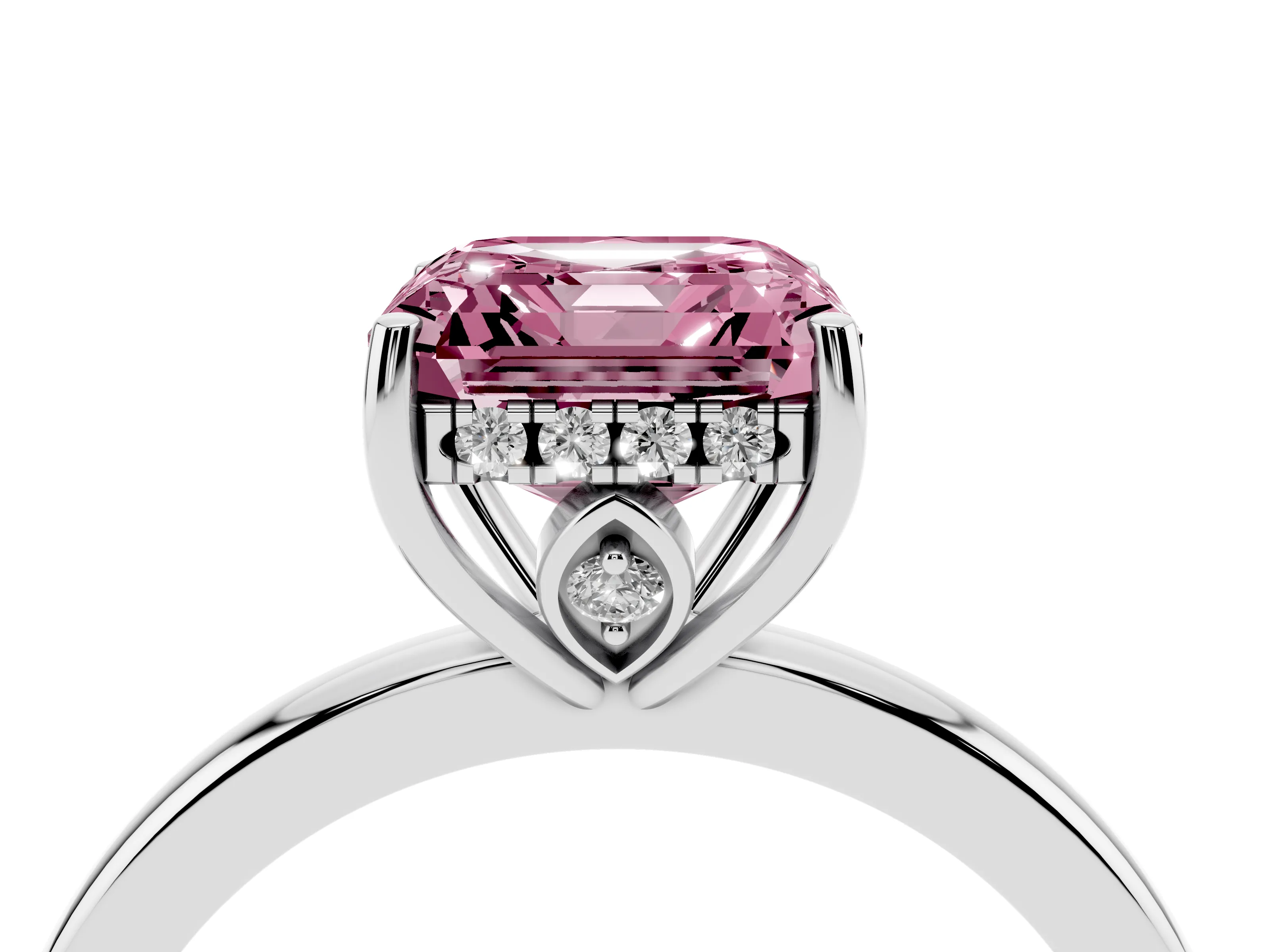 Fancy Pink Asscher Cut Diamond Solitaire Ring Set in Platinum with Plain Band and Prong Setting