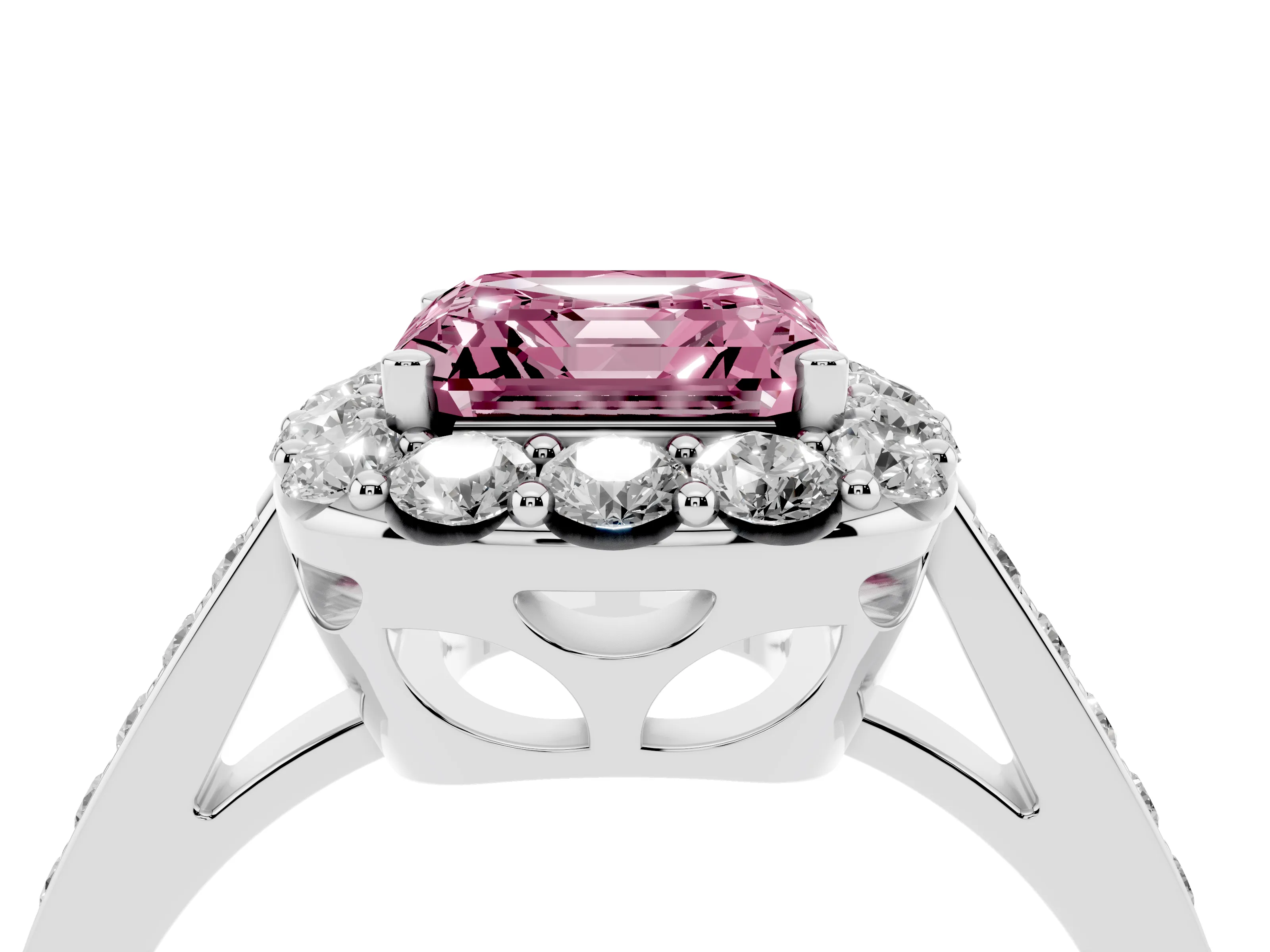 Fancy Pink Asscher Cut Diamond Floral Halo Ring Set in Platinum with Pavé Band and Prong Setting