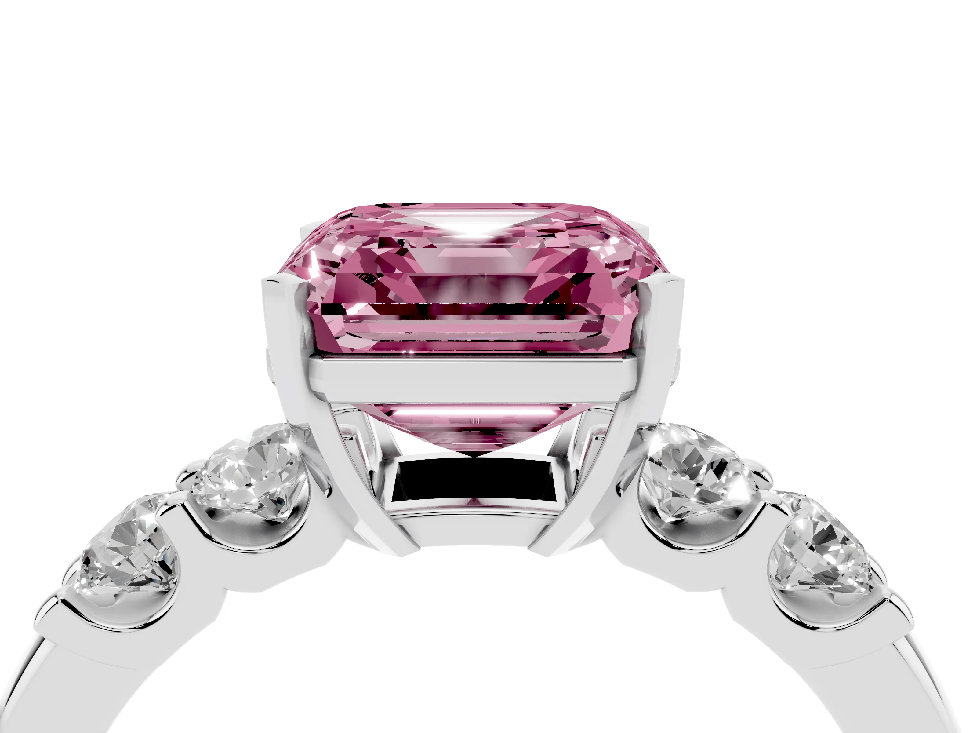 Fancy Pink Asscher Cut Diamond Five-Stone Prong Set Engagement Ring Set in White gold with Channel Band