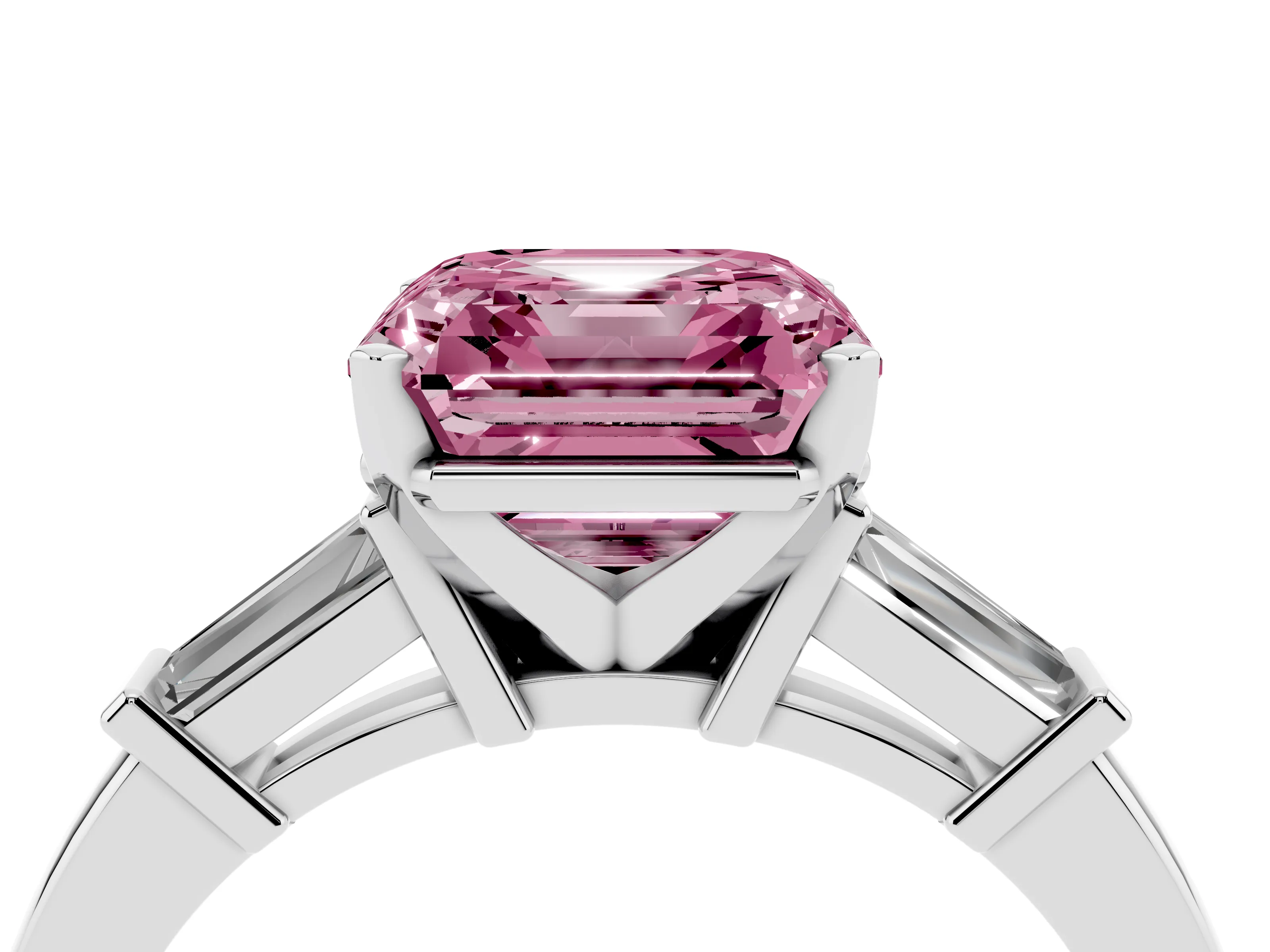 Fancy Pink Asscher Cut Diamond Solitaire Ring Set in White gold with Tapered Baguette Accents and Prong Setting