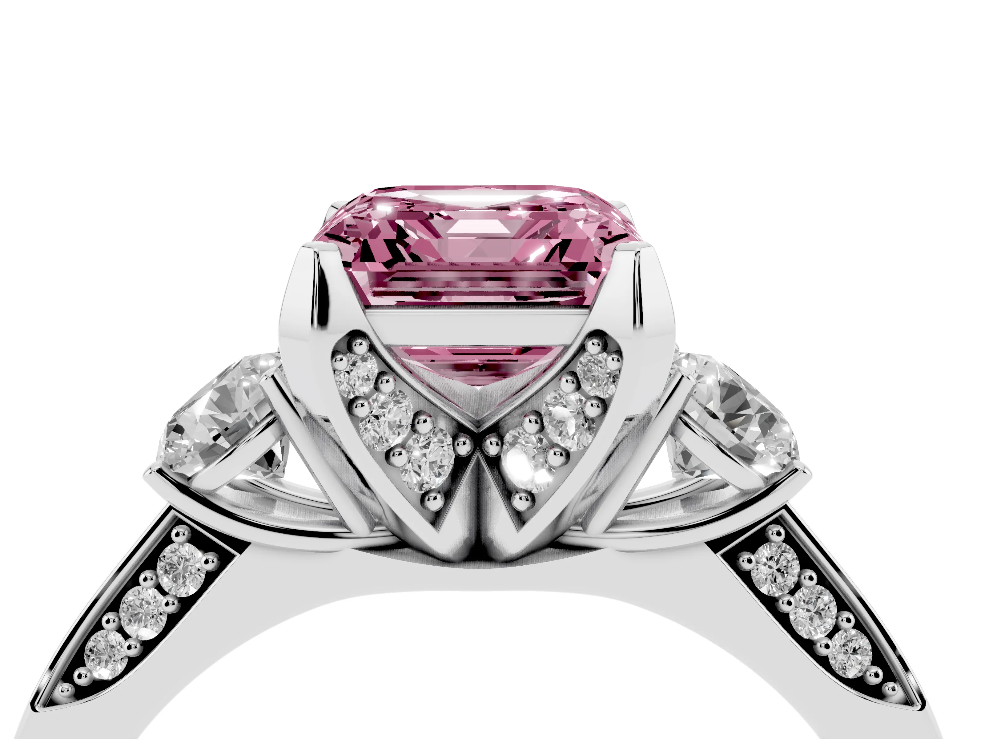 Fancy Pink Asscher Cut Diamond Three-Stone Ring Set in White gold with Pavé Band and Smaller Side Stones