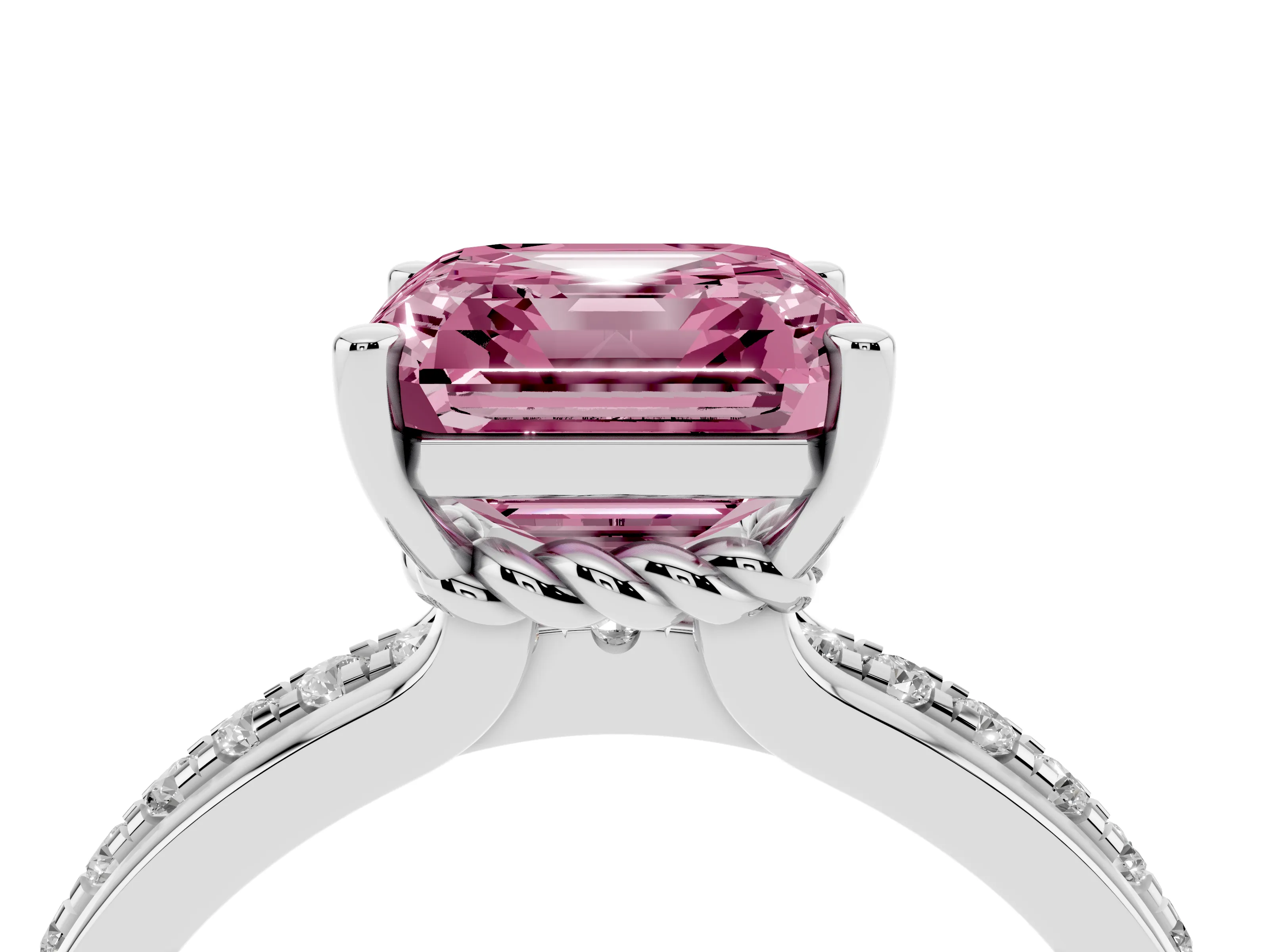 Fancy Pink Asscher Cut Diamond Solitaire Ring Set in White gold with Channel Set Band and Prong Setting