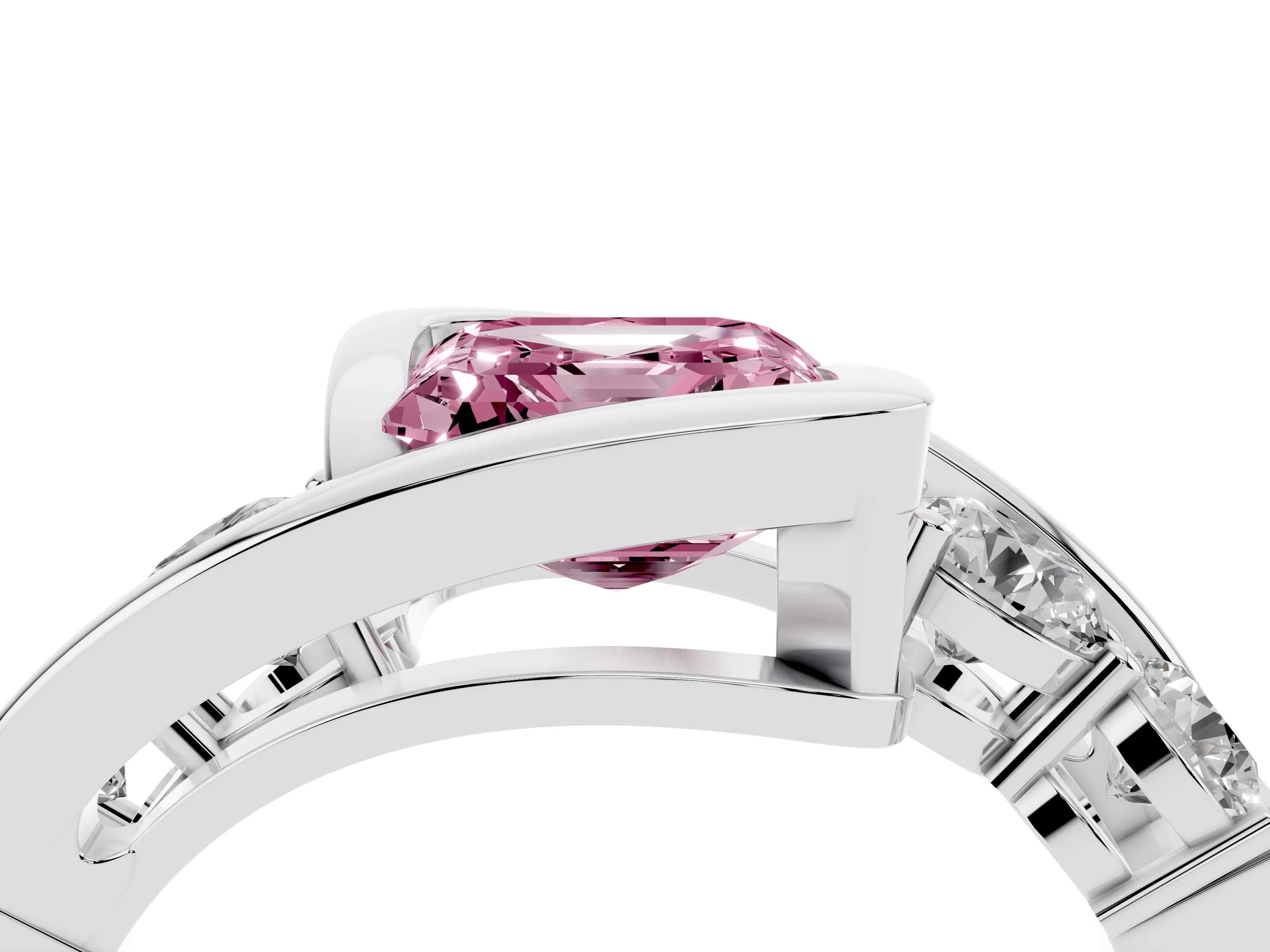 Fancy Pink Asscher Cut Diamond Bezel Bypass Ring Set in Silver with Round Accents