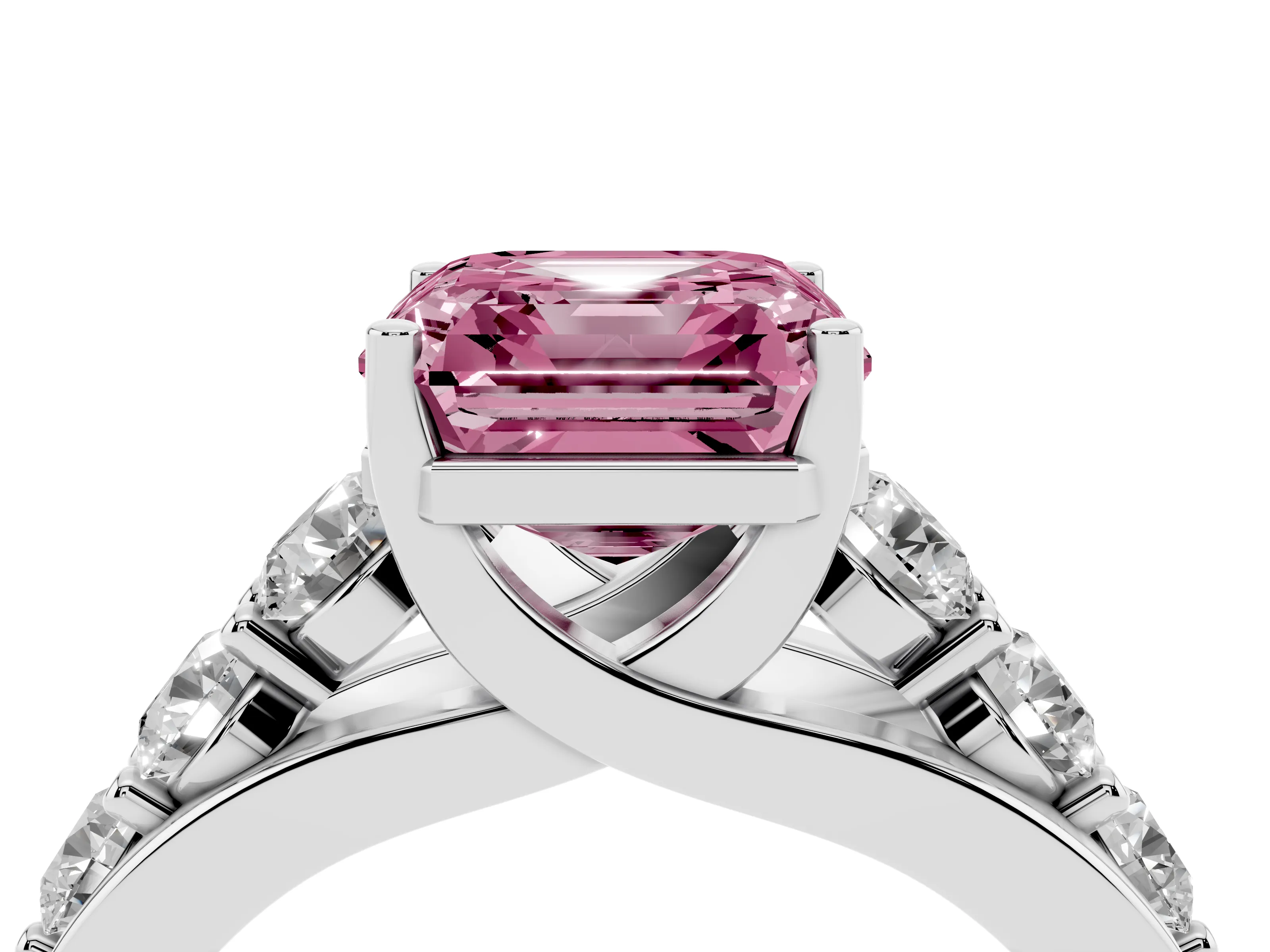 Fancy Pink Asscher Cut Diamond Pavé Engagement Ring Set in Platinum with Prong Setting