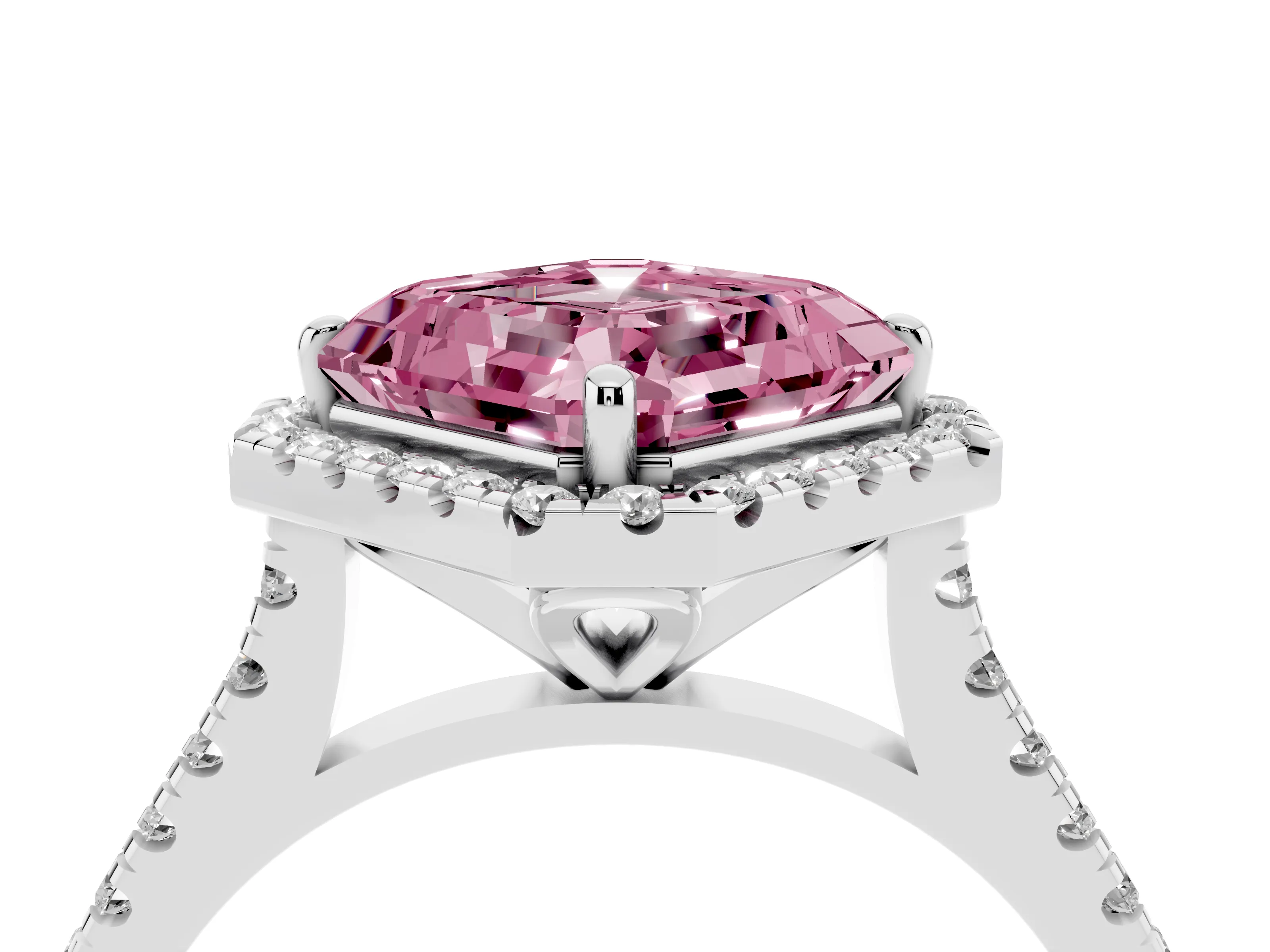 Fancy Pink Asscher Cut Diamond Cushion Halo Ring Set in White gold with Pavé Band