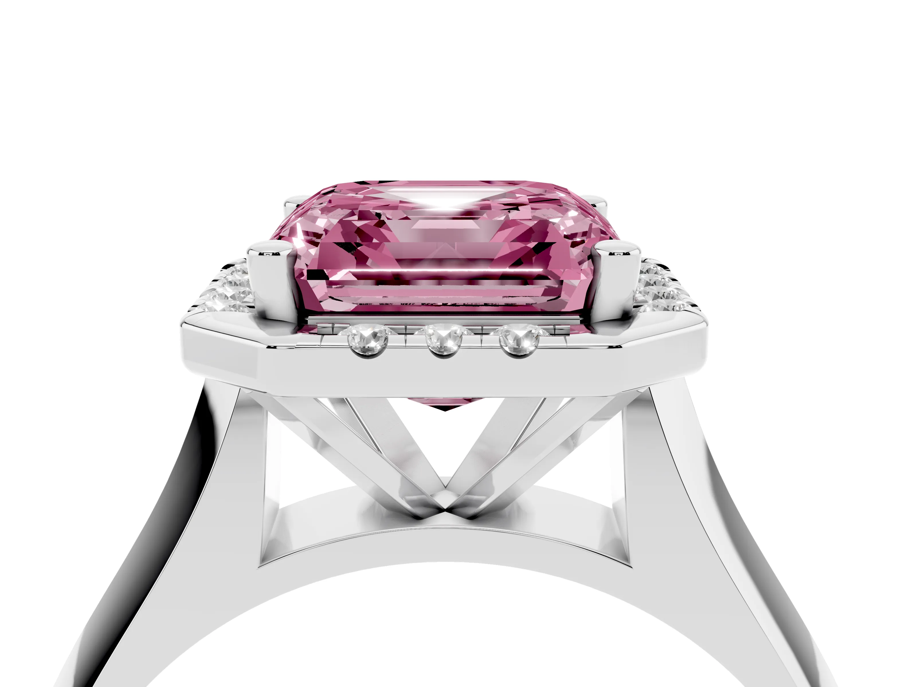 Fancy Pink Asscher Cut Diamond Halo Solitaire Engagement Ring Set in Platinum with Square Band and Prong Setting