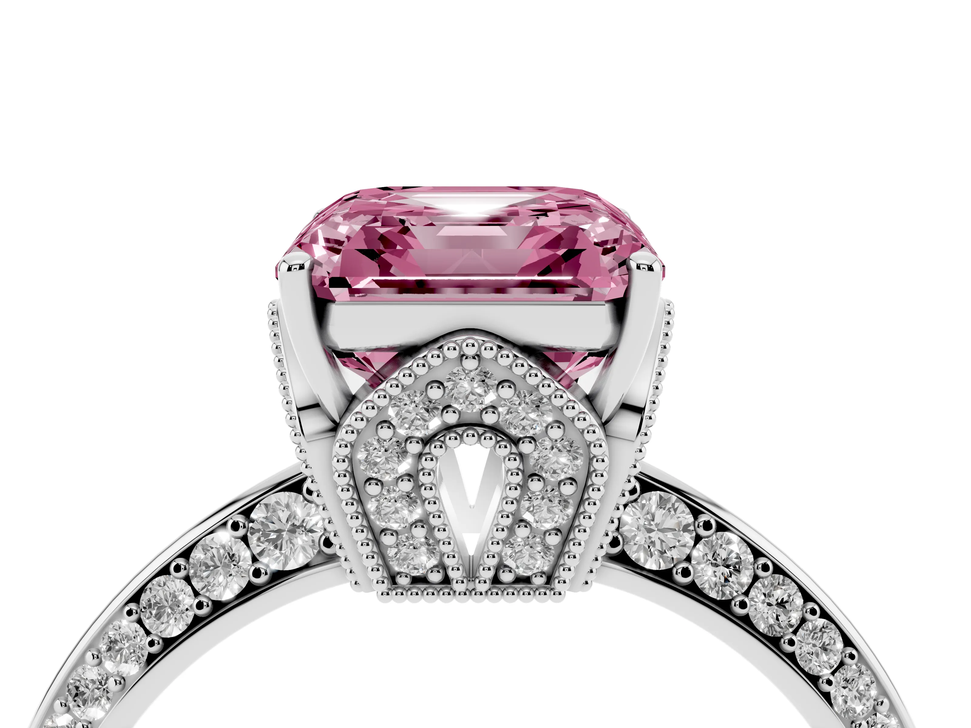 Fancy Pink Asscher Cut Diamond Solitaire Engagement Ring Set in Silver with Pavé Split Shank and Prong Setting