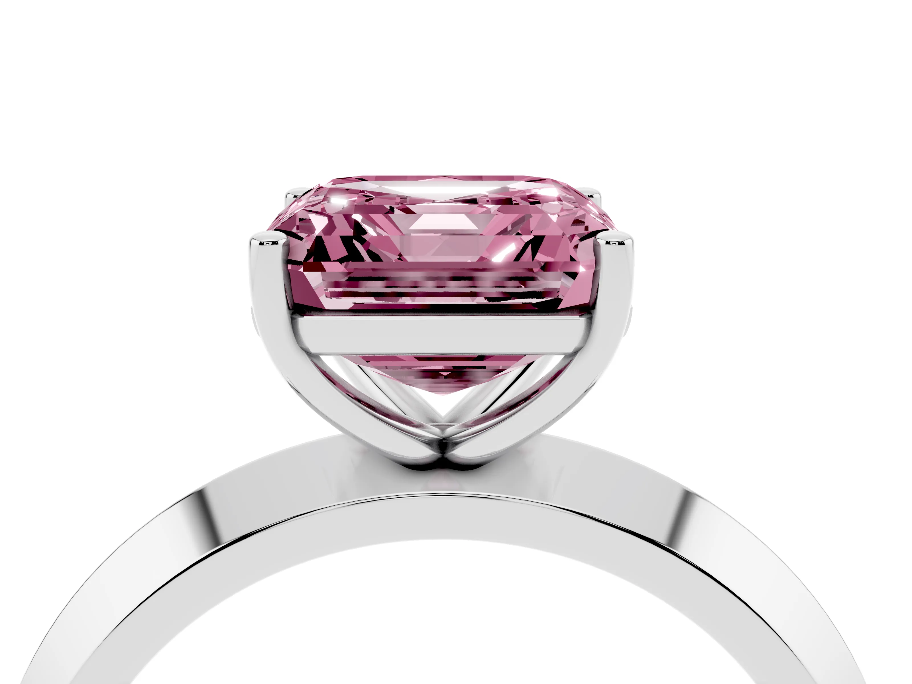 Fancy Pink Asscher Cut Diamond Solitaire Engagement Ring Set in White gold with Flat Band and Prong Setting
