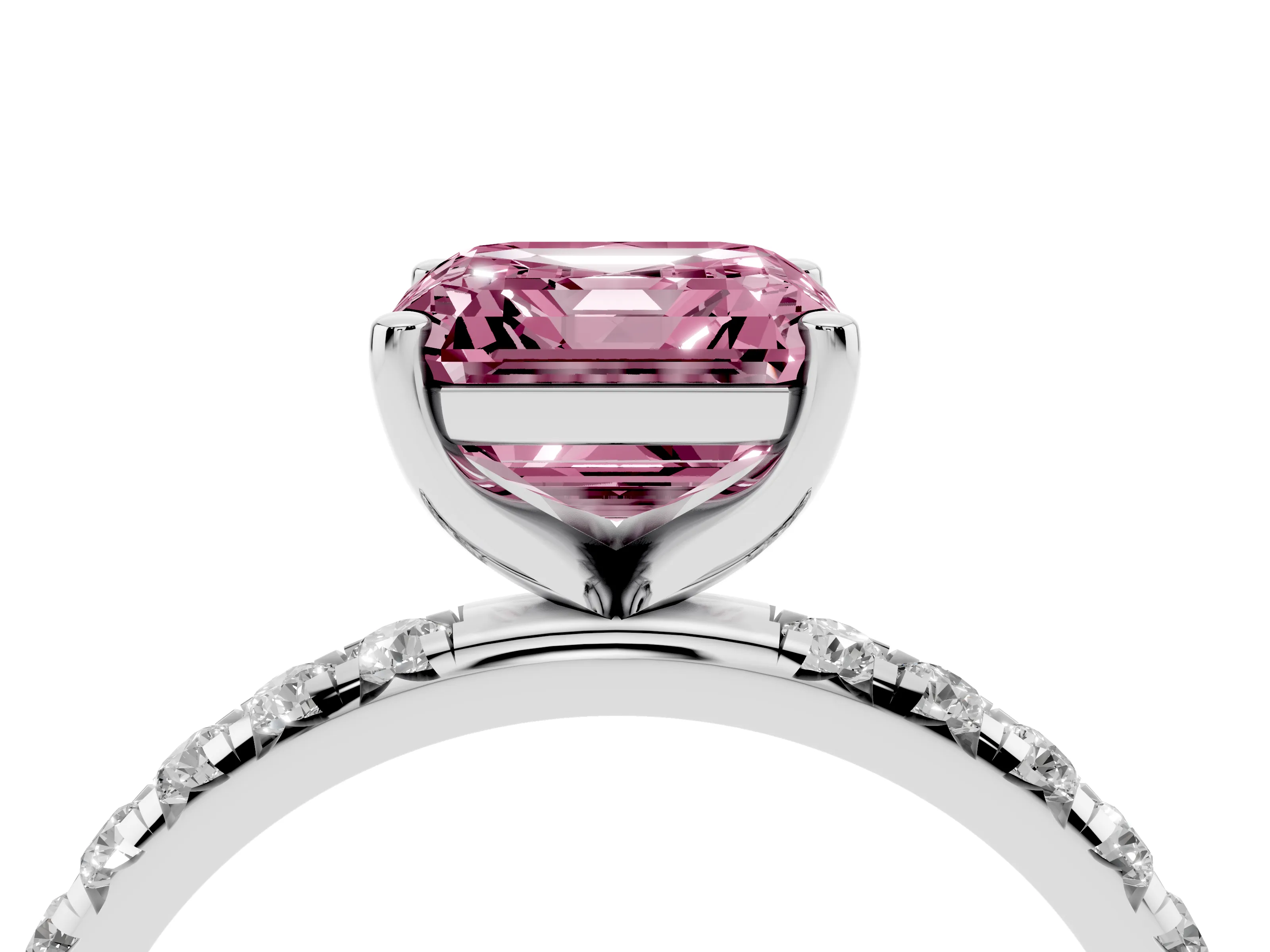 Fancy Pink Asscher Cut Diamond Solitaire Ring Set in Platinum with Micro Pavé Band and Prong Setting