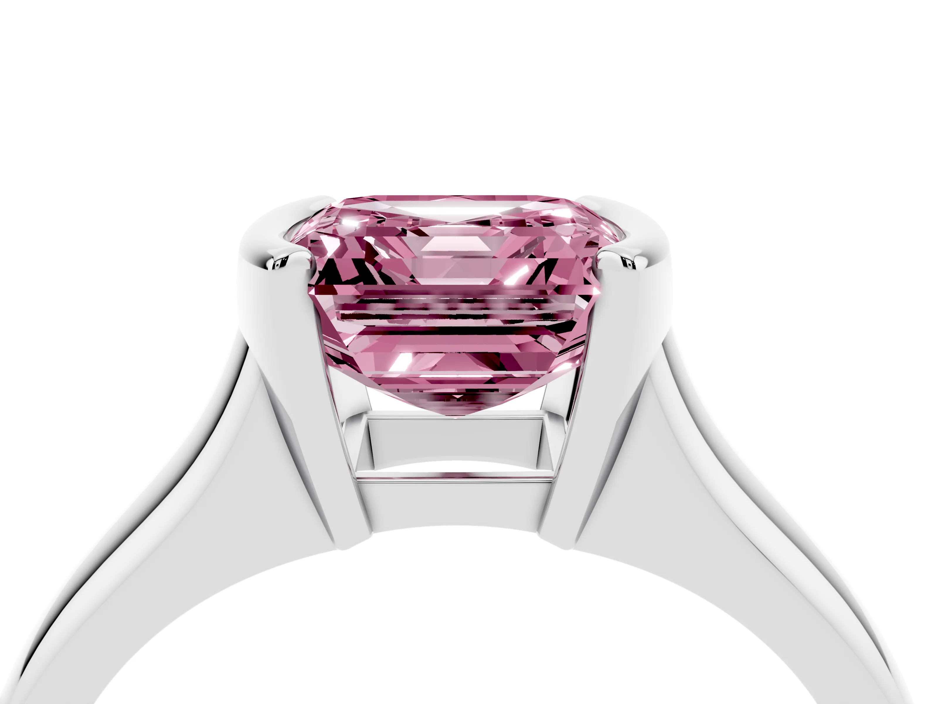 Fancy Pink Asscher Cut Diamond Solitaire Tension Set Ring Set in Platinum with Split Shank Band