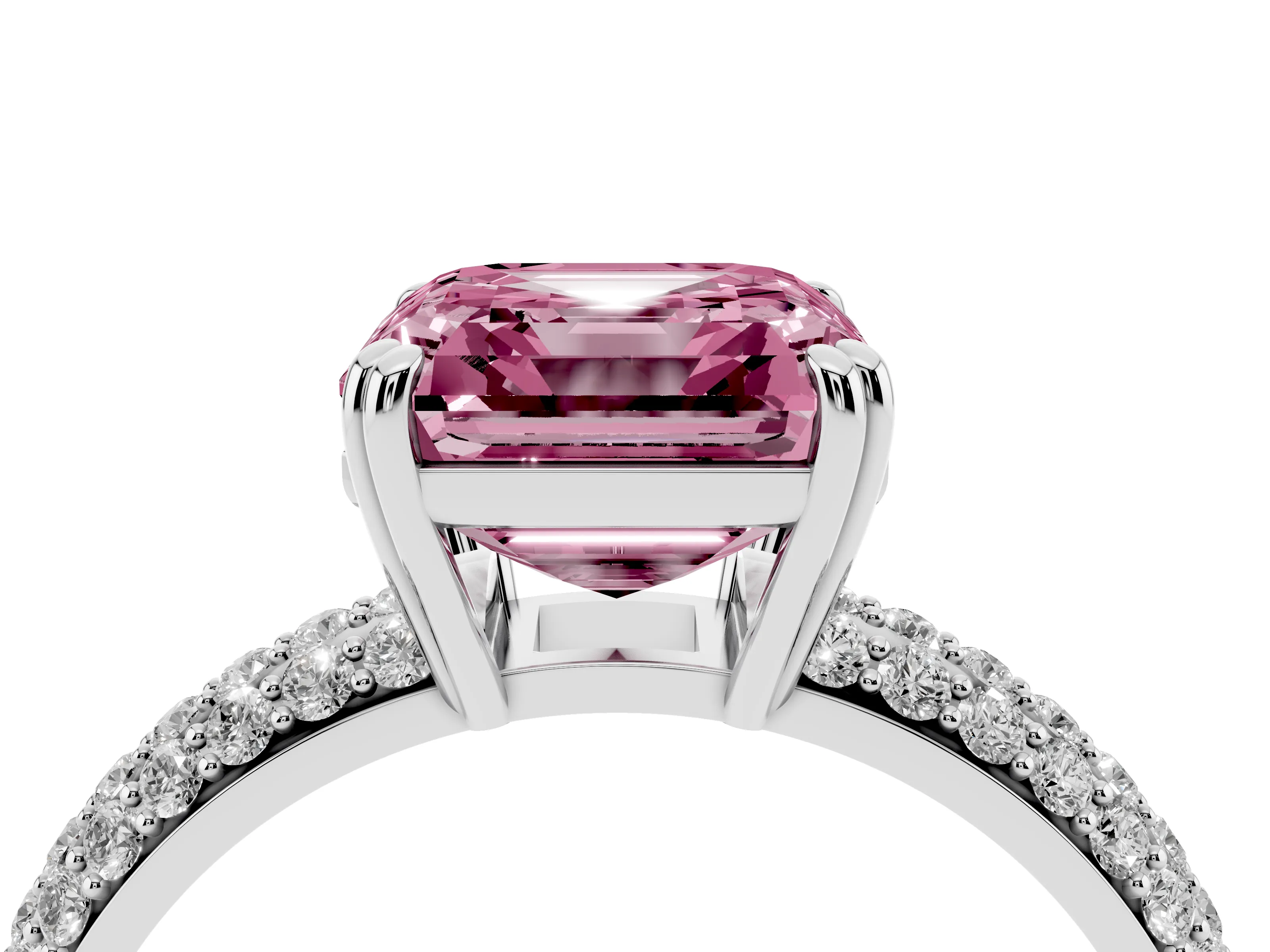 Fancy Pink Asscher Cut Diamond Solitaire Ring Set in Silver with Multi-Row Round Pavé Band and Prong Setting