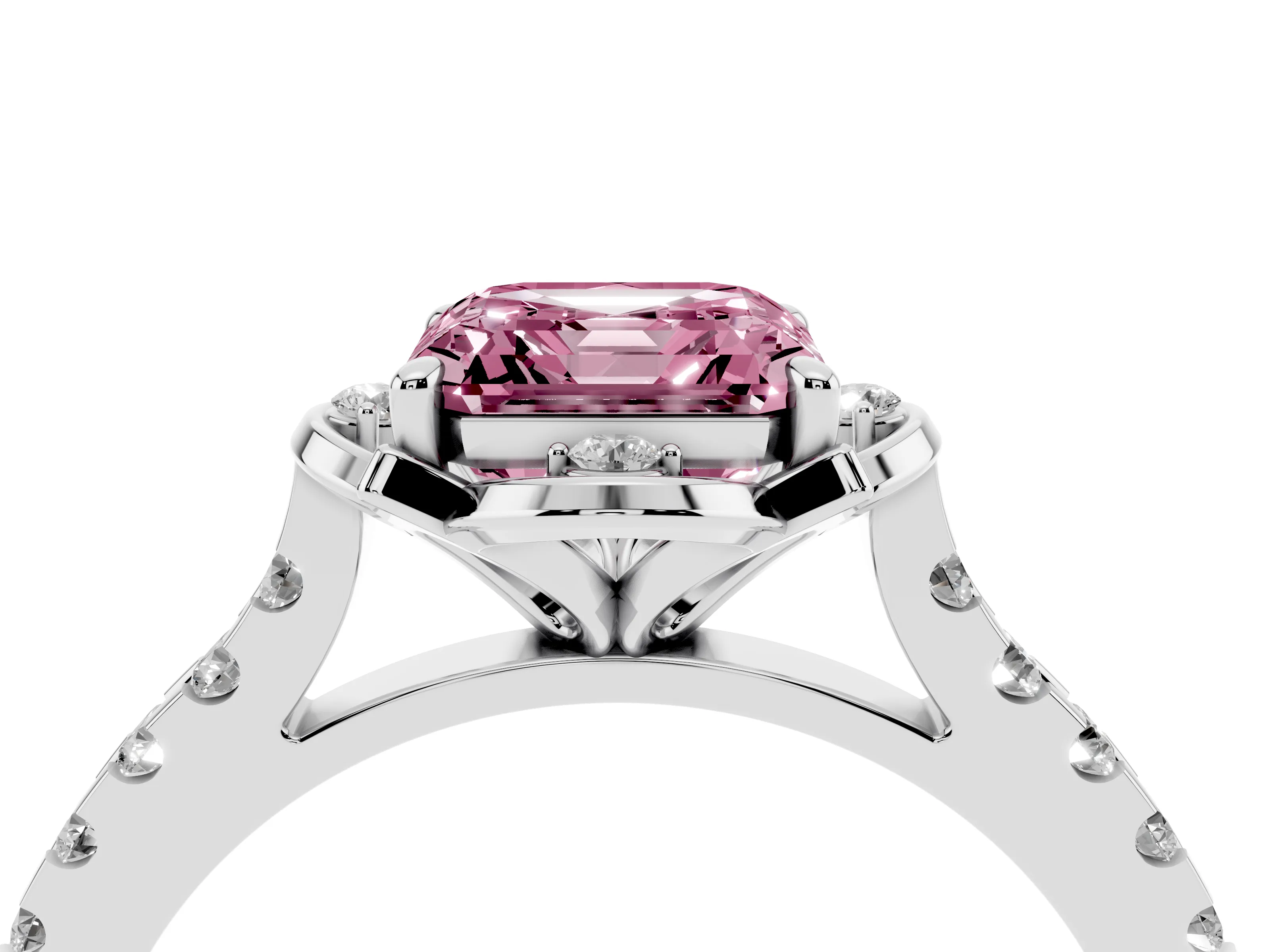 Fancy Pink Asscher Cut Diamond Solitaire Ring Set in Silver with Pavé Band and Floral Prong Setting