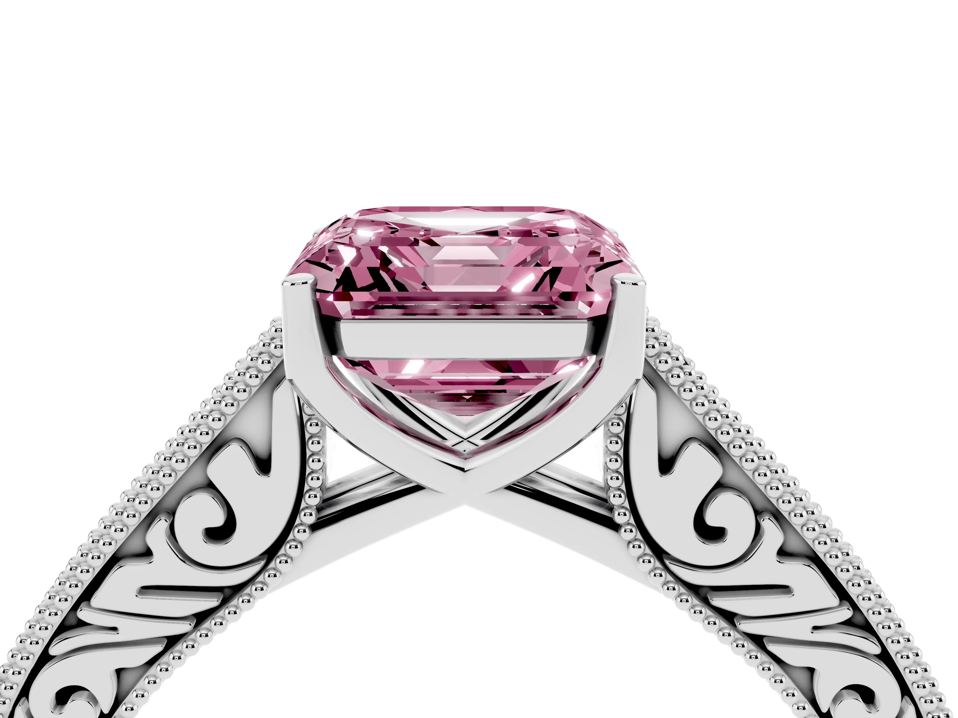 Fancy Pink Asscher Cut Diamond Milgrain Pavé Band Solitaire Ring Set in White gold with Prong Setting