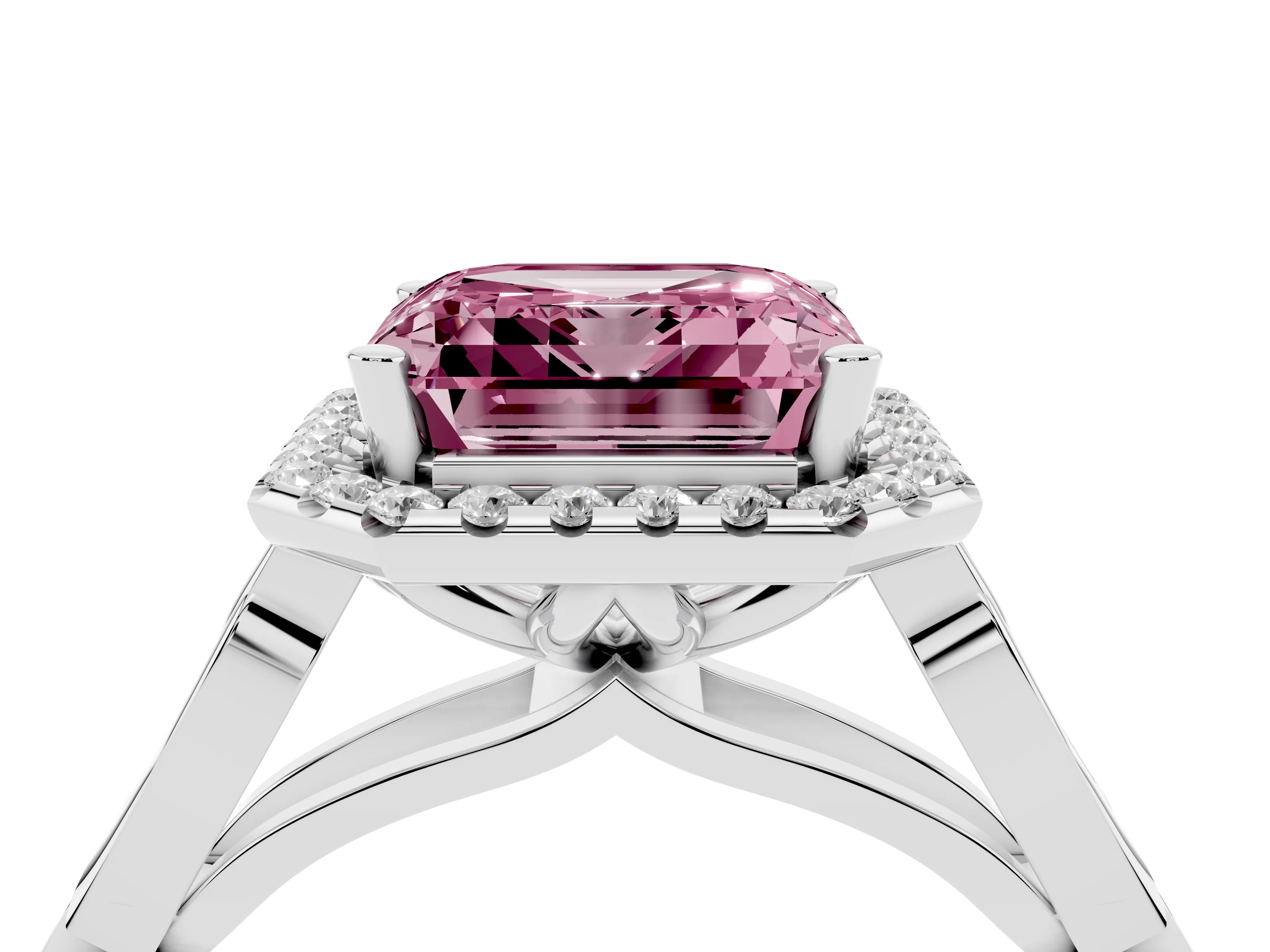 Fancy Pink Asscher Cut Diamond Halo Engagement Ring Set in Silver with Filigree Band and Prong-Set Center
