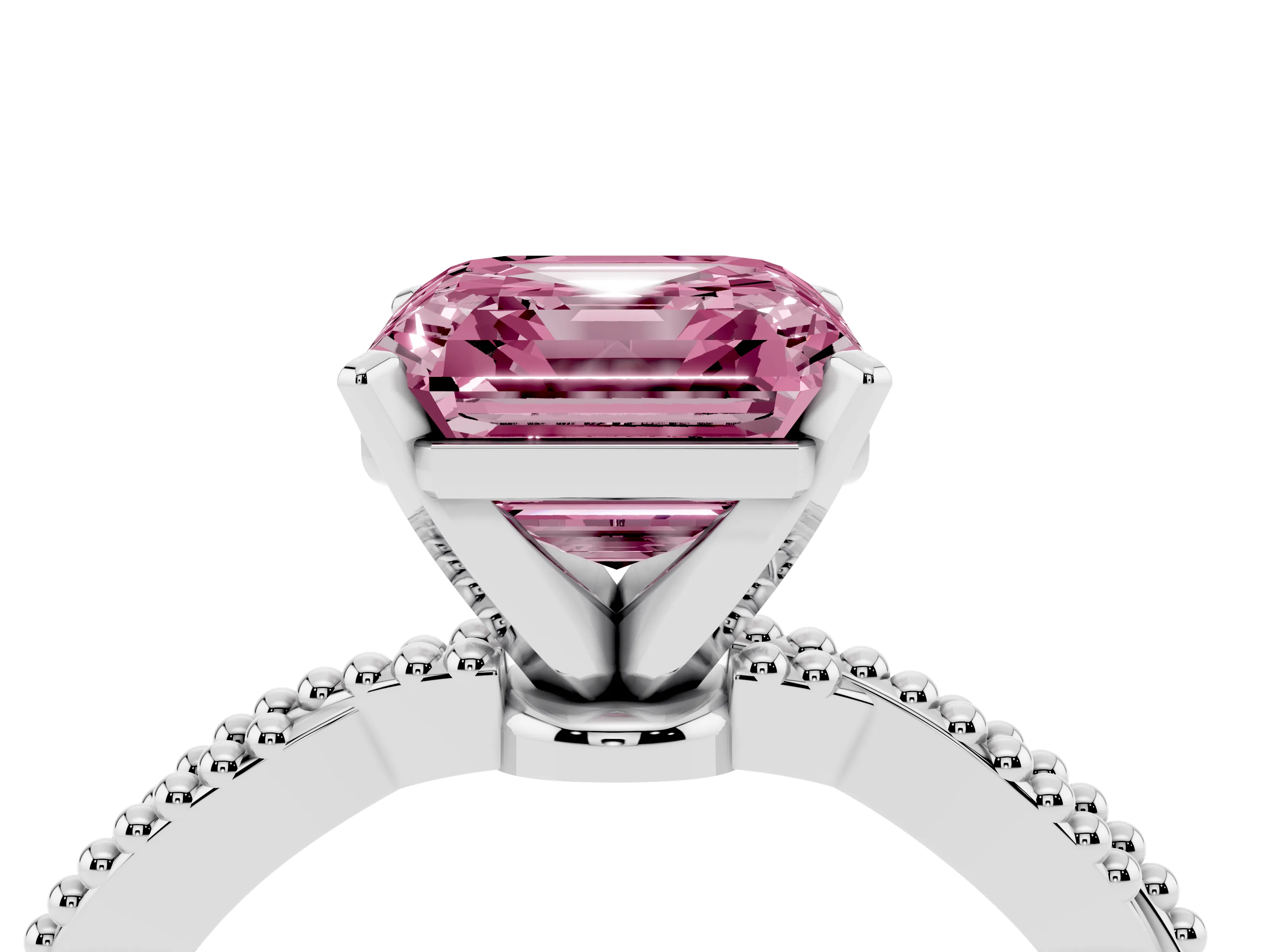 Fancy Pink Asscher Cut Diamond Solitaire Ring Set in White gold with Twisted Band and Bead Prong Setting
