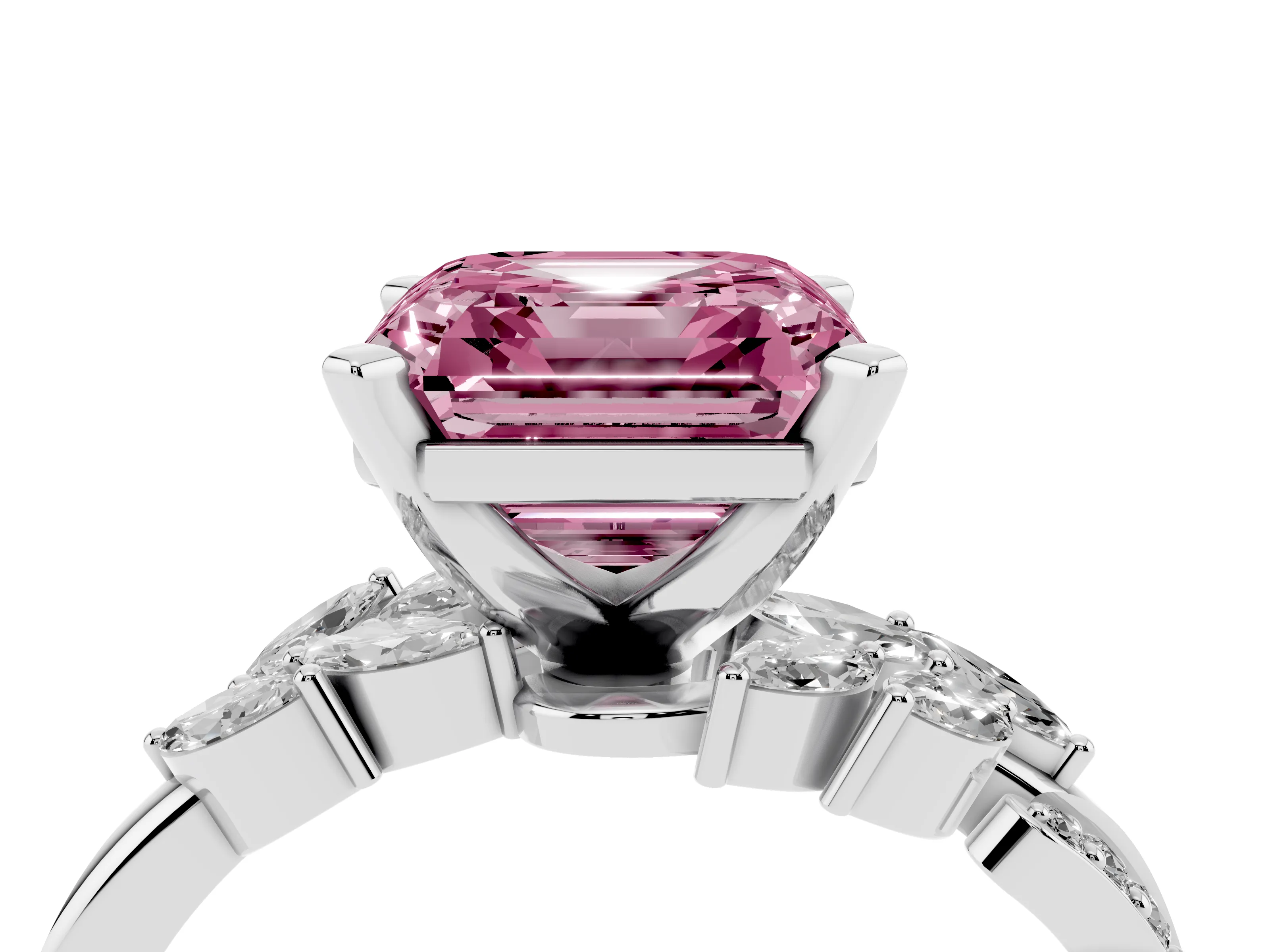 Fancy Pink Asscher Cut Diamond Solitaire Ring Set in Silver with Marquise Twist Band and Prong Setting