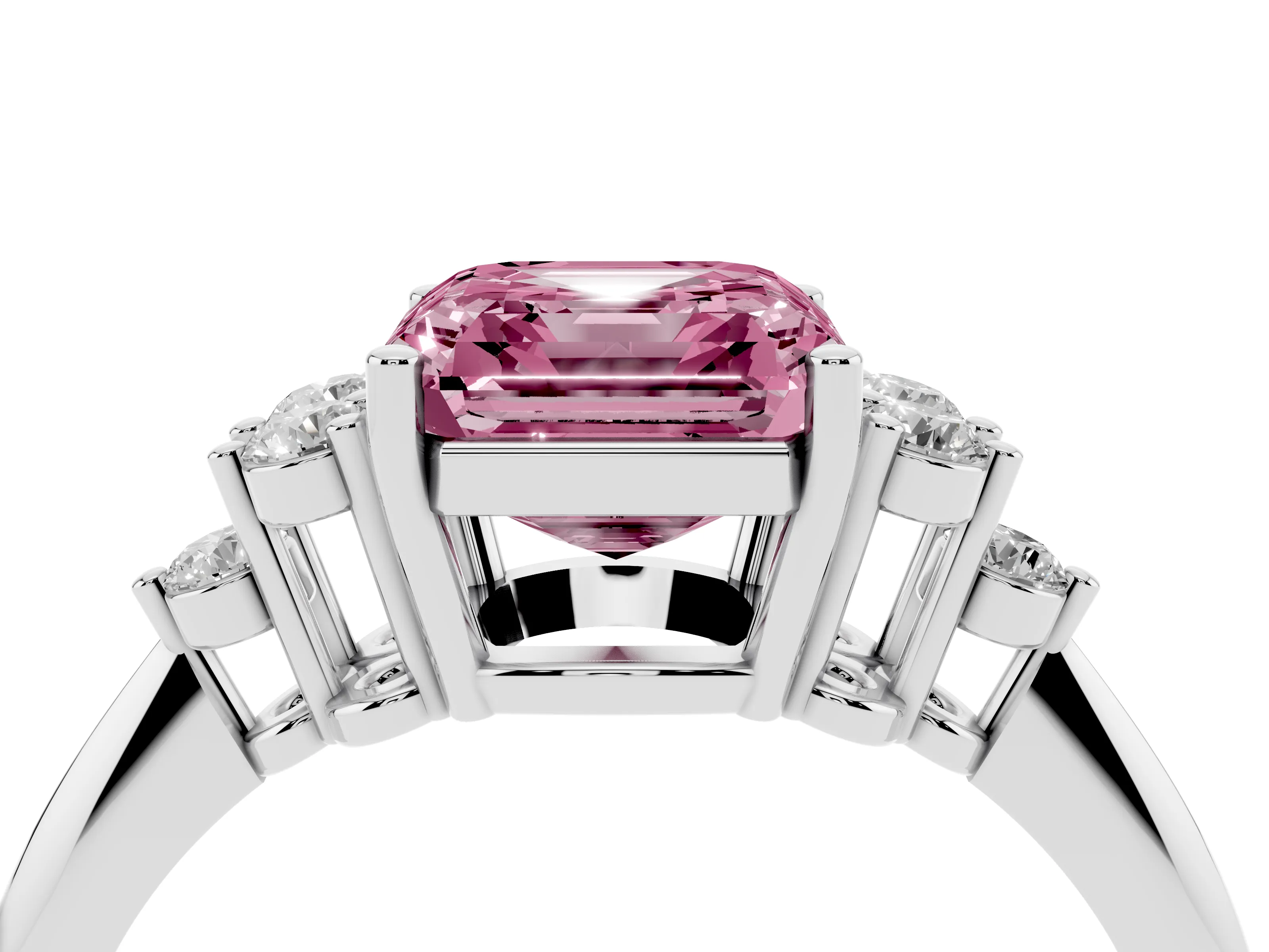 Fancy Pink Asscher Cut Diamond Cluster Ring Set in White gold with Plain Band and Prong Setting