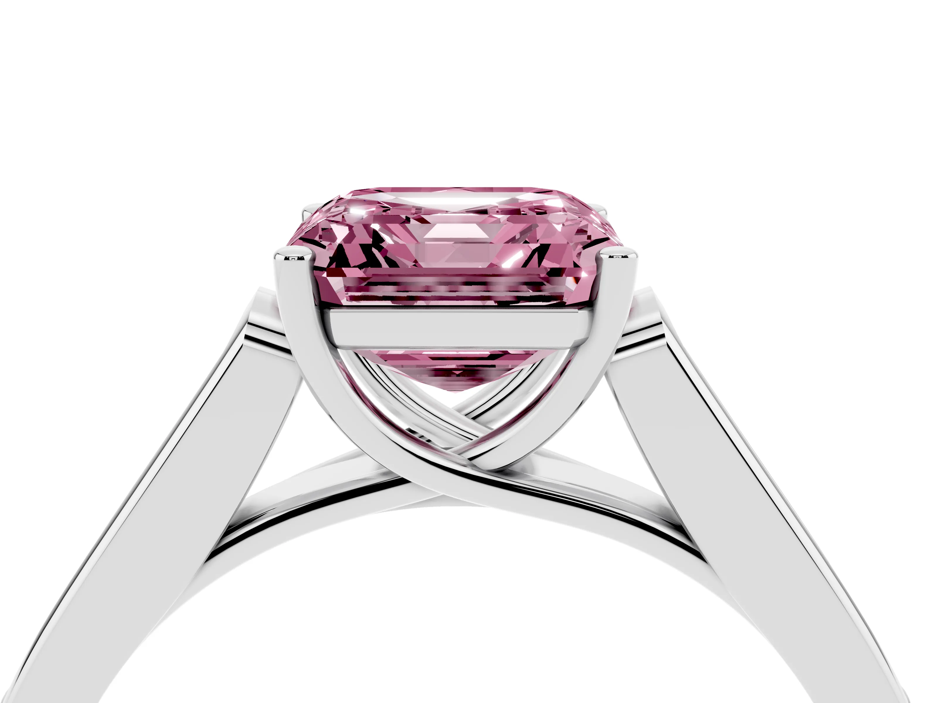 Fancy Pink Asscher Cut Diamond Solitaire Cathedral Engagement Ring Set in White gold with Channel-Set Band and Prong Setting