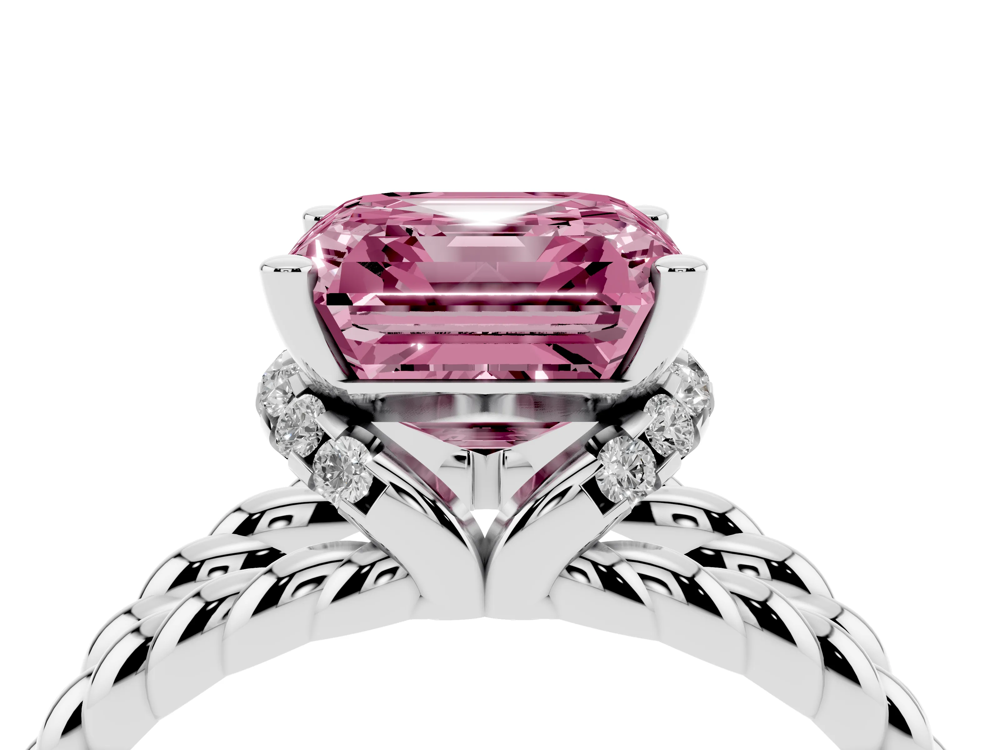 Fancy Pink Asscher Cut Diamond Halo Ring Set in White gold with Twisted Band and Prong Setting