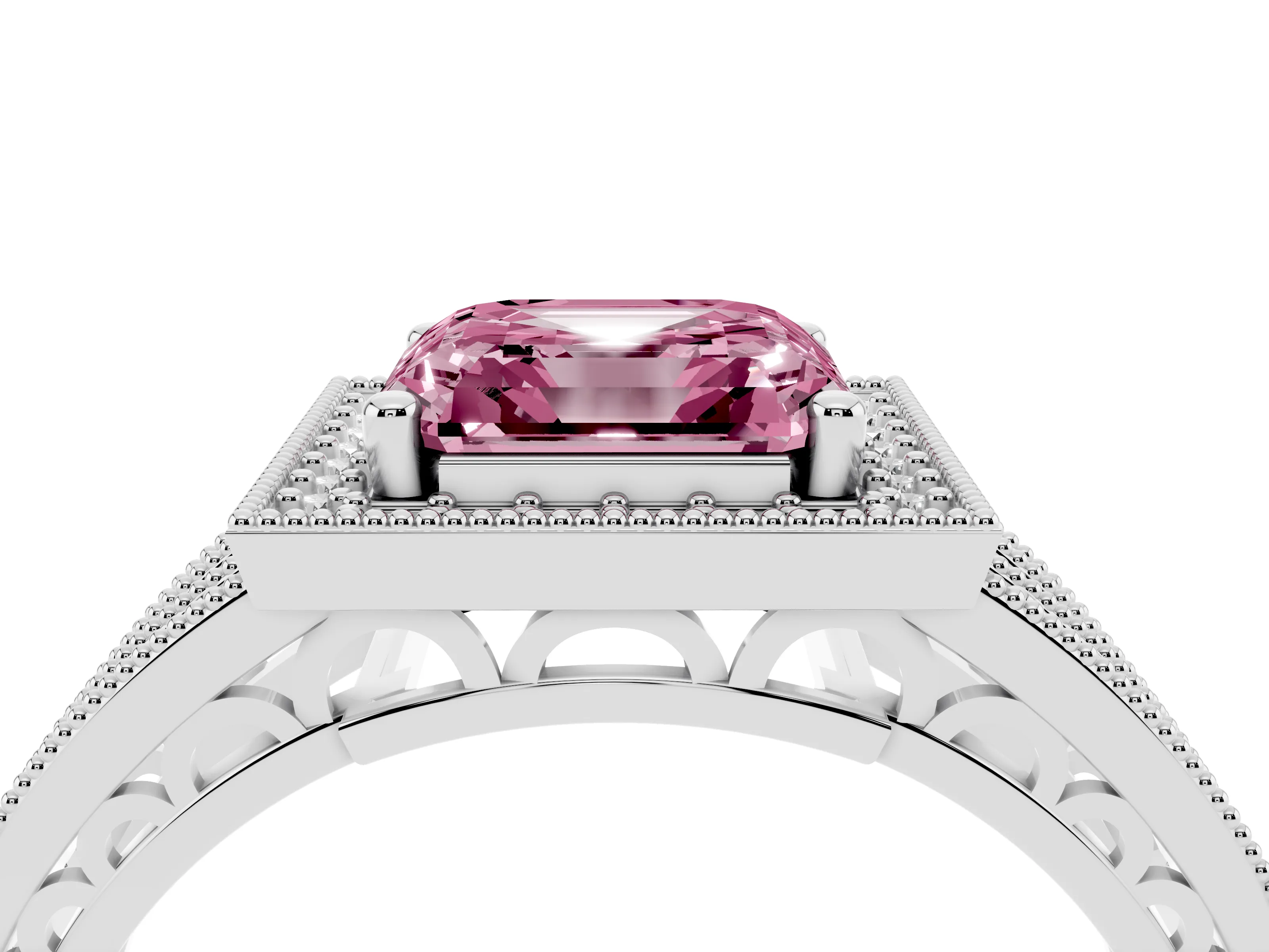 Fancy Pink Asscher Cut Diamond Halo Ring Set in Silver with Accent Split Shank and Prong Setting