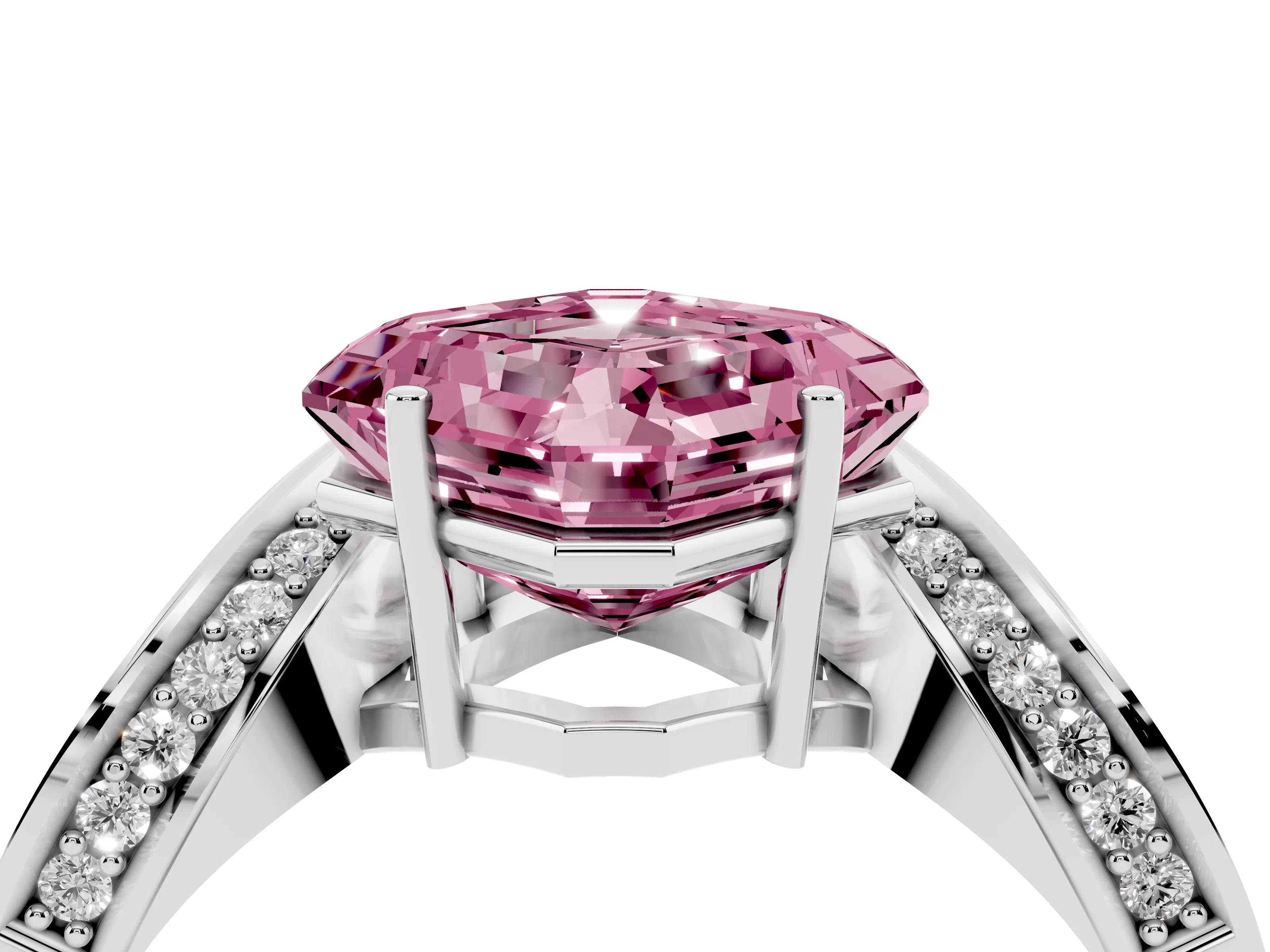 Fancy Pink Asscher Cut Diamond Solitaire Engagement Ring Set in Silver with Pavé Shoulders