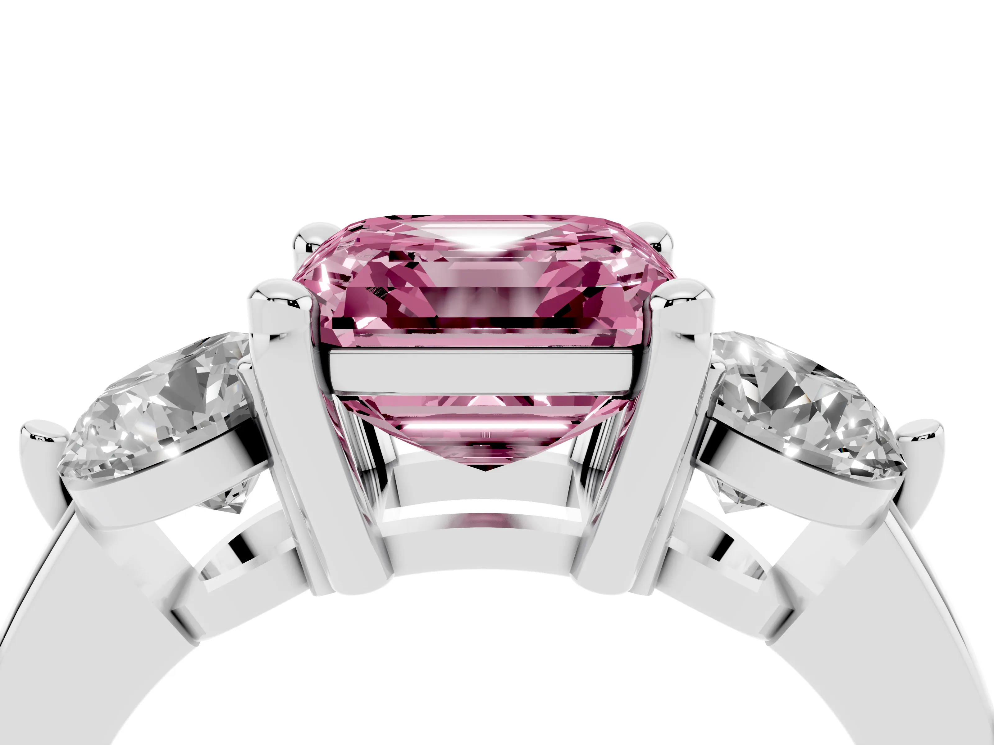 Fancy Pink Asscher Cut Diamond Three-Stone Ring Set in White gold with Prong Setting and Classic Band